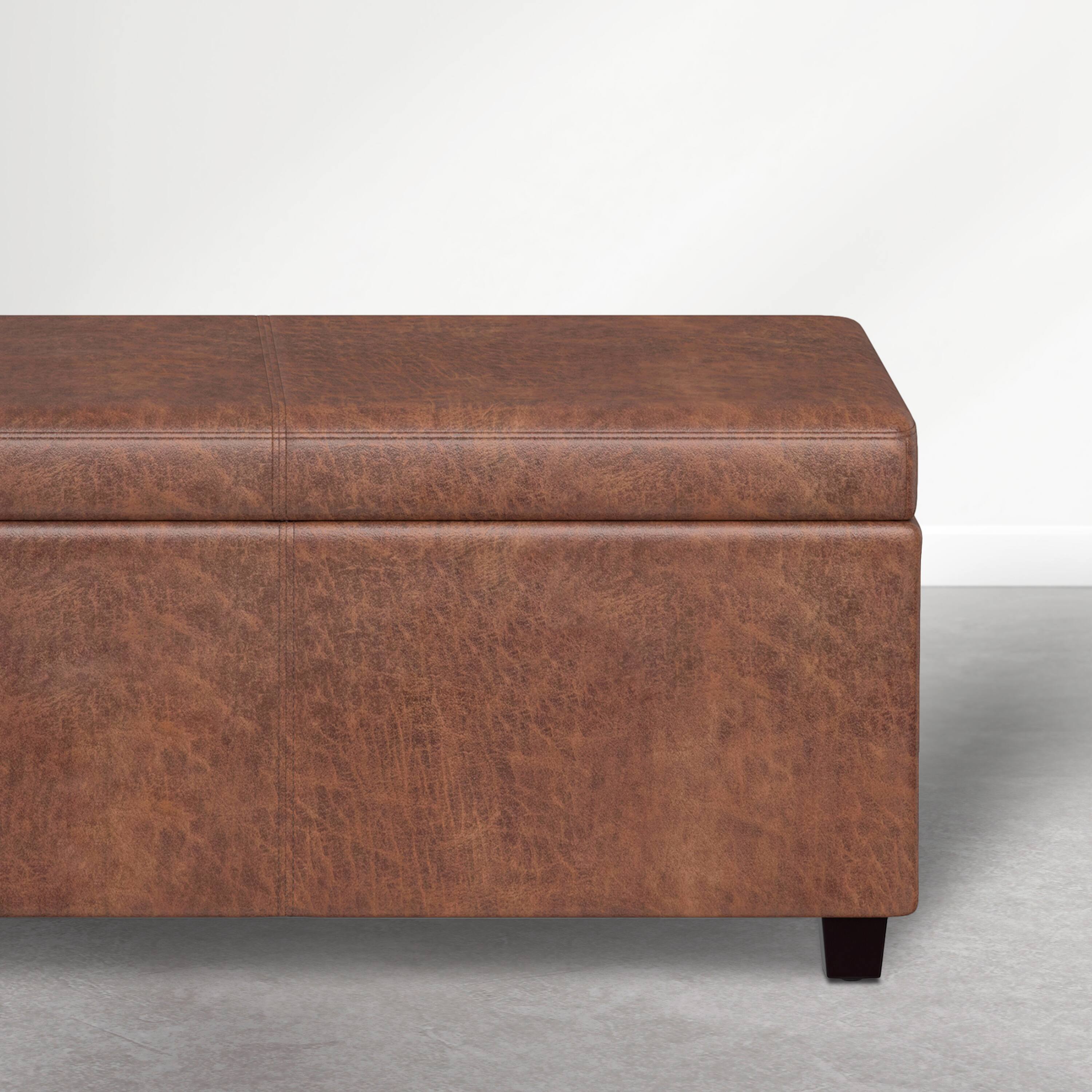 Alt View 1. Simpli Home - Avalon 54 inch Wide Upholstered Solid Wood Rectangular Ottoman Bench, Distressed Pecan Brown - Distressed Pecan Brown.