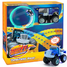 JitteryGit - Blaze and the Monster Machine Crusher TurboTwist Glow Track Set – 108-Piece Race Course with Rechargeable Truck - Blue