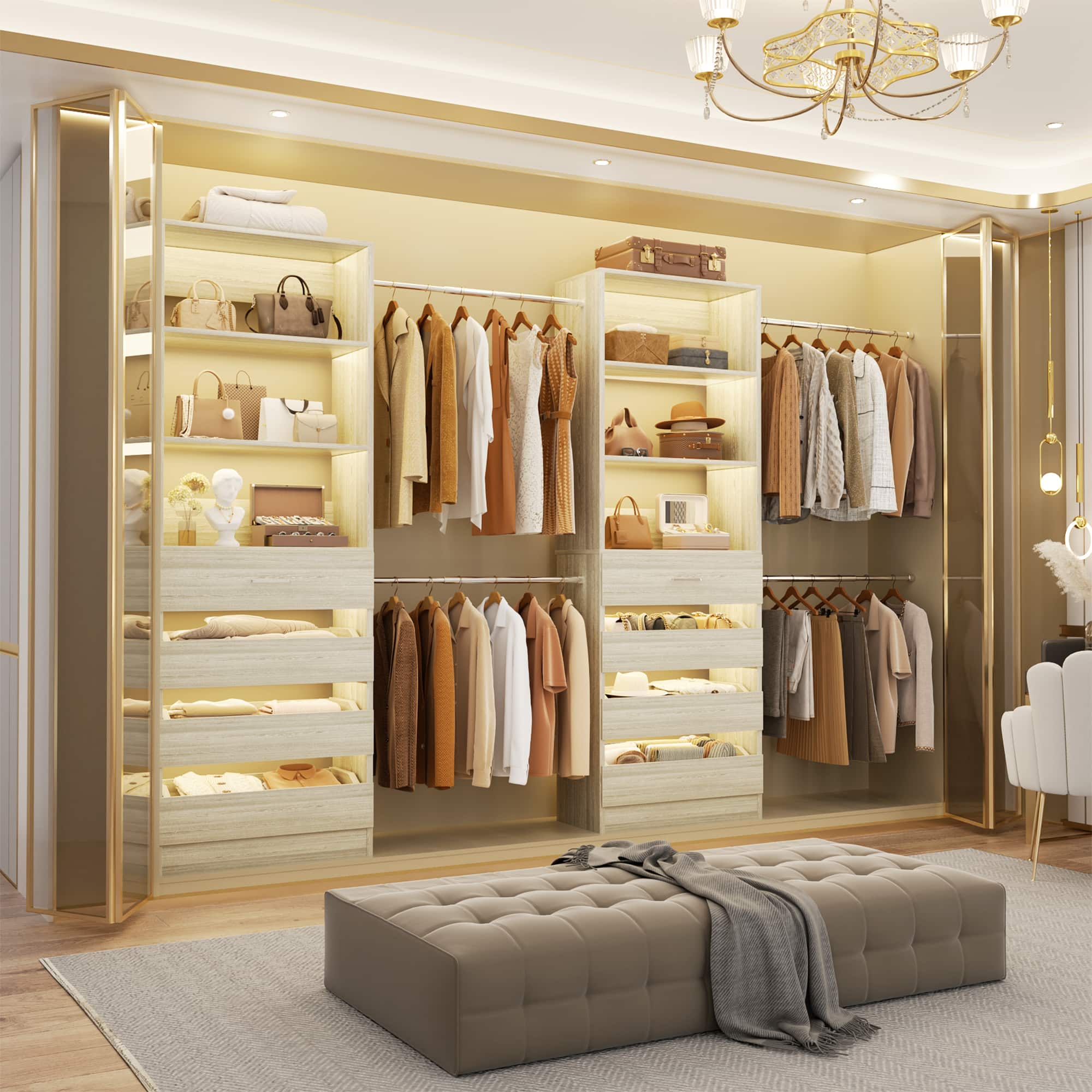 Aheaplus 6 15Ft Wood Walk in Closet Organizer: 8 Drawers, 4