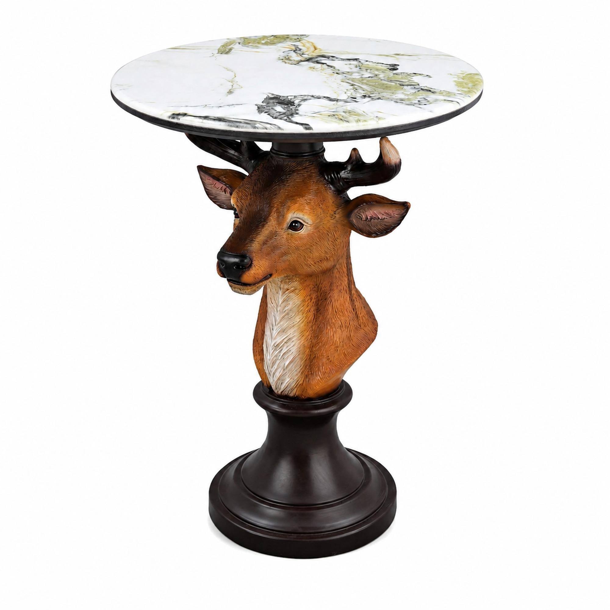 Front. RYHNUYNE - Deer Head Accent Table with Faux Marble Top for Living Room, Cabin, and Rustic Themed Decor - Brown.