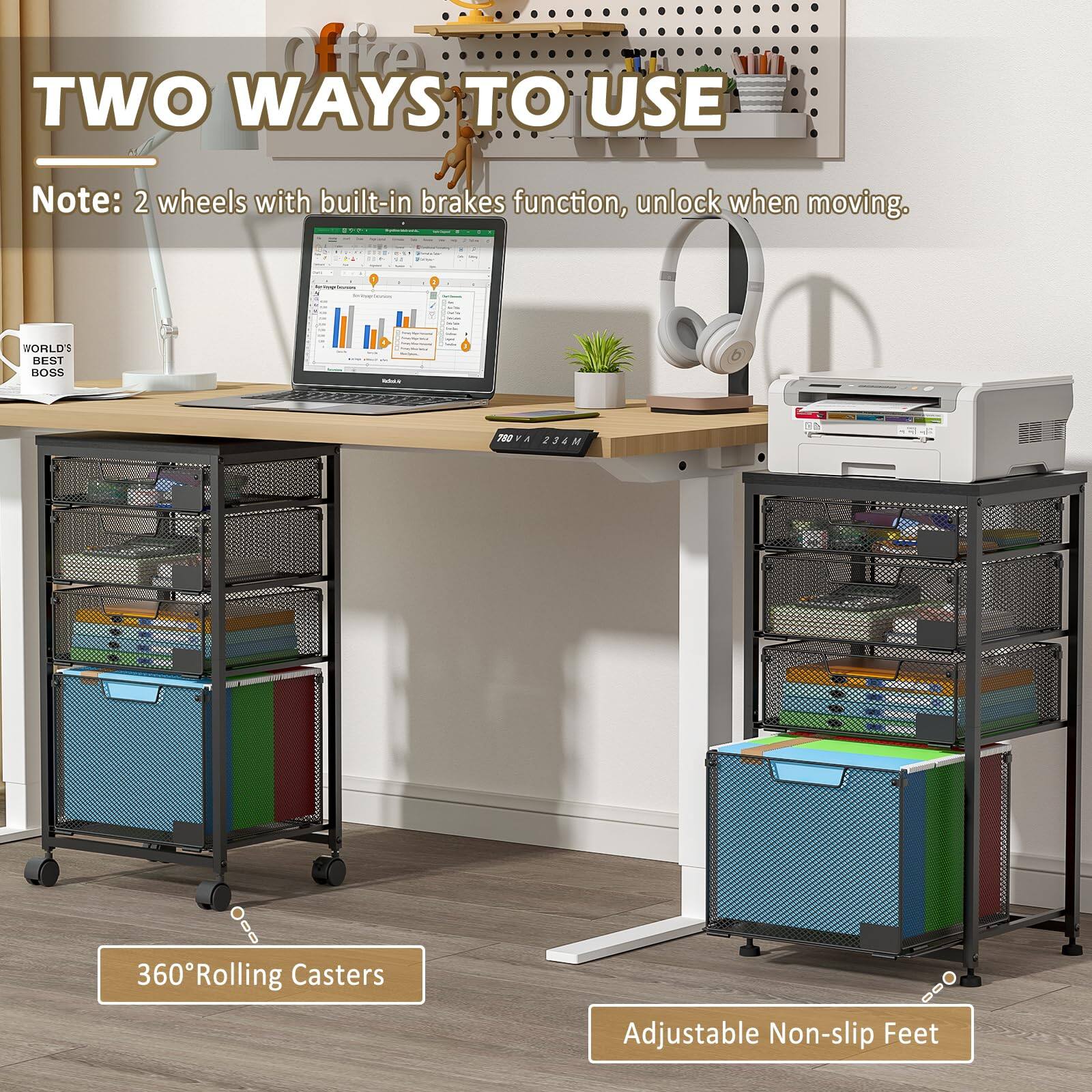 **TWO WAYS TO USE**

Note: 2 wheels with built-in brakes function, unlock when moving.

- 360° Rolling Casters
- Adjustable Non-slip Feet