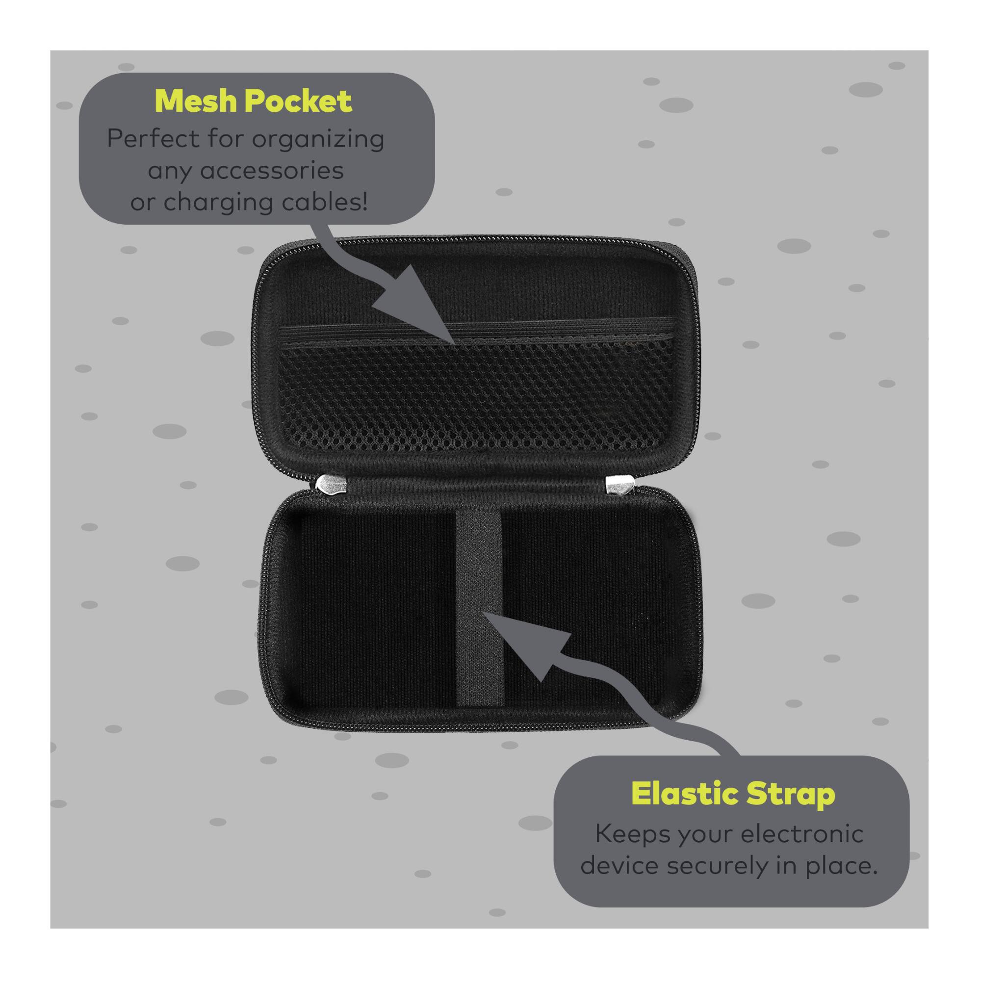 Mesh Pocket  
Perfect for organizing any accessories or charging cables!

Elastic Strap  
Keeps your electronic device securely in place.