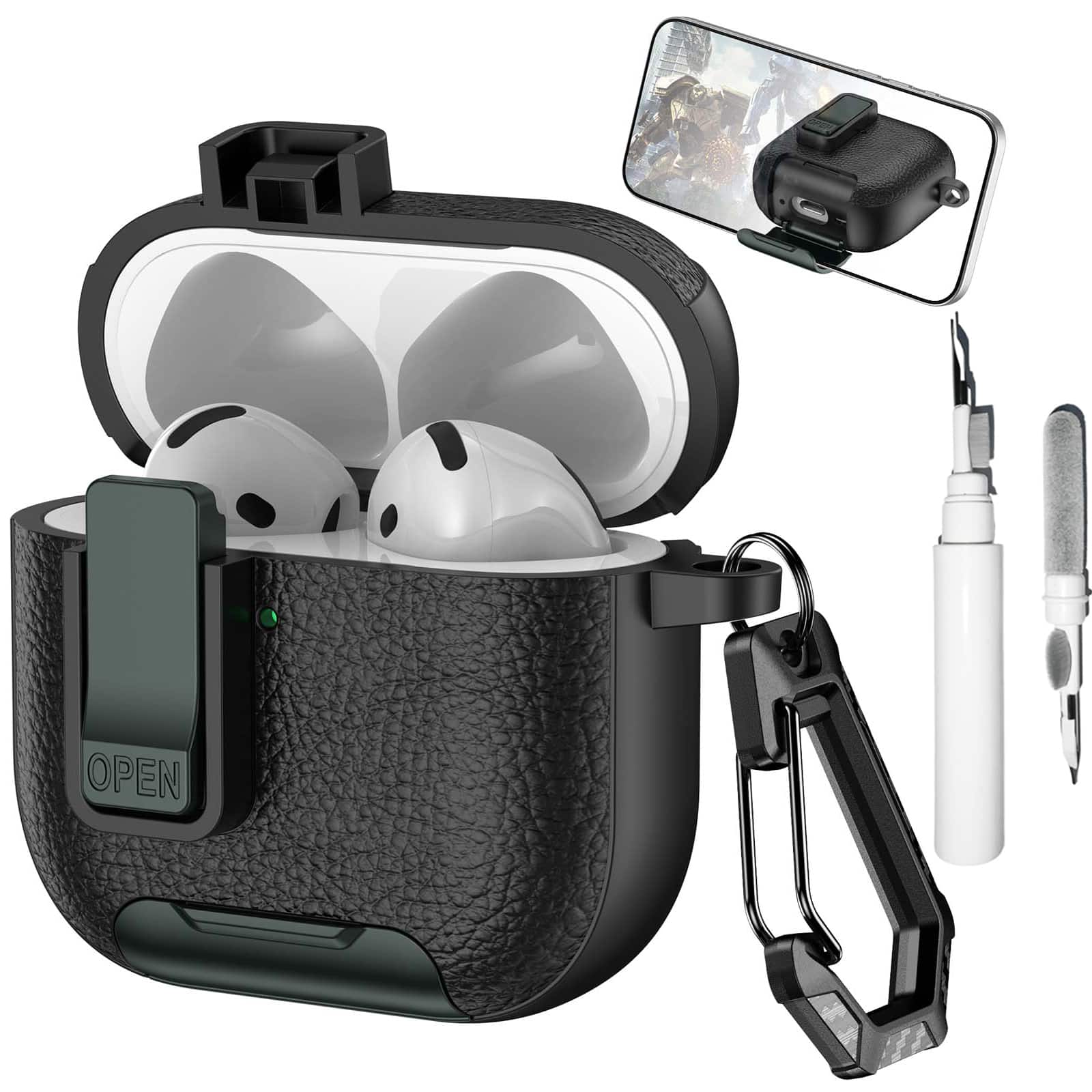 Dteck - Earphone Case for Apple Airpods 4th Gen with Phone Holder & Keychain,Leather Texture Earbuds Cover for Man Women - Armyblack