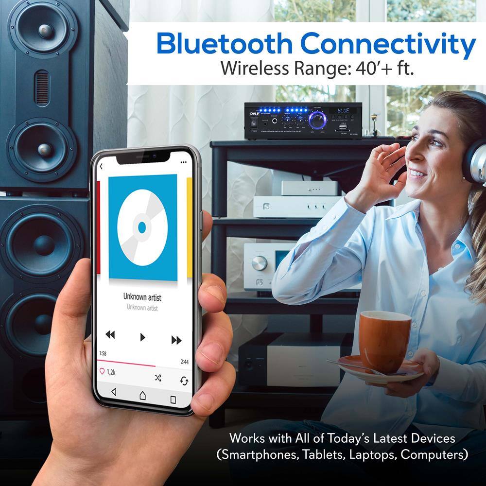 Bluetooth Connectivity  
Wireless Range: 40'+ ft.  

Unknown artist  
Unknown artist  
1:58  
1,2k x 244  

Works with All of Today's Latest Devices (Smartphones, Tablets, Laptops, Computers)