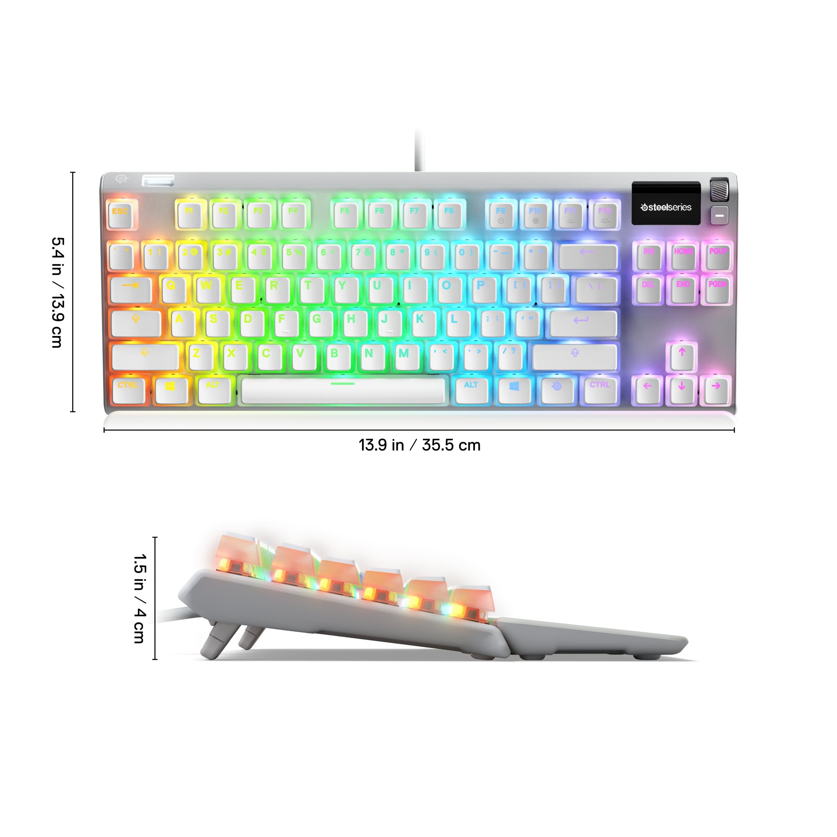 The image features a keyboard and a keyboard cover. The keyboard is white and has a rainbow of colors on the keys. The keyboard cover is white and has a rainbow of colors on it as well. The keyboard is 13.9 inches (35.5 cm) long, and the keyboard cover is 1.5 inches (4 cm) wide. The keyboard cover is designed to fit the keyboard, providing protection and a unique aesthetic.