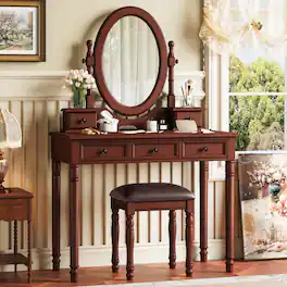 Loheer - Vanity Desk with Adjustable Angle Mirror, Wood, Cushioned Stool and Five Drawers - Walnut