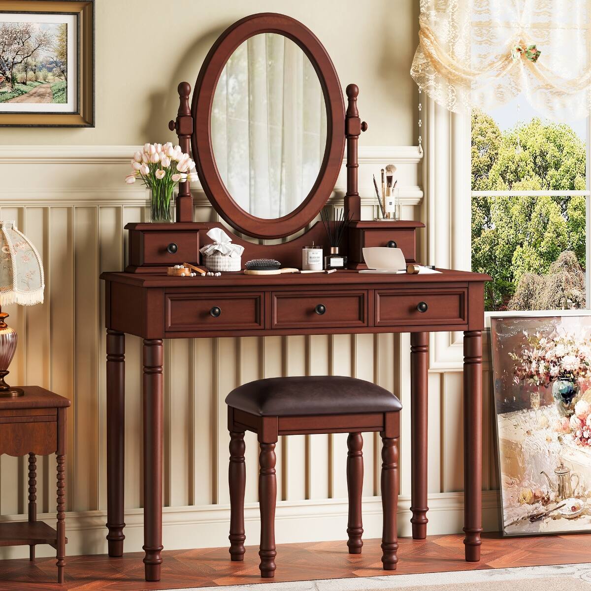 Front. Loheer - Loheer Vanity Desk with Adjustable Angle Mirror, Walnut Wood, Cushioned Stool and Five Drawers - Walnut.