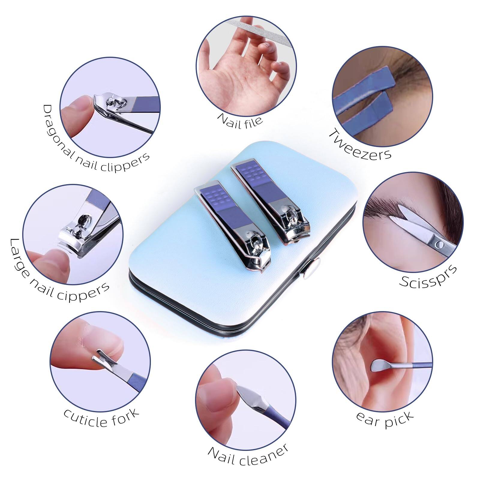 - Dragonal nail clippers
- Nail file
- Tweezers
- Large nail clippers
- Scissors
- Cuticle fork
- Nail cleaner
- Ear pick