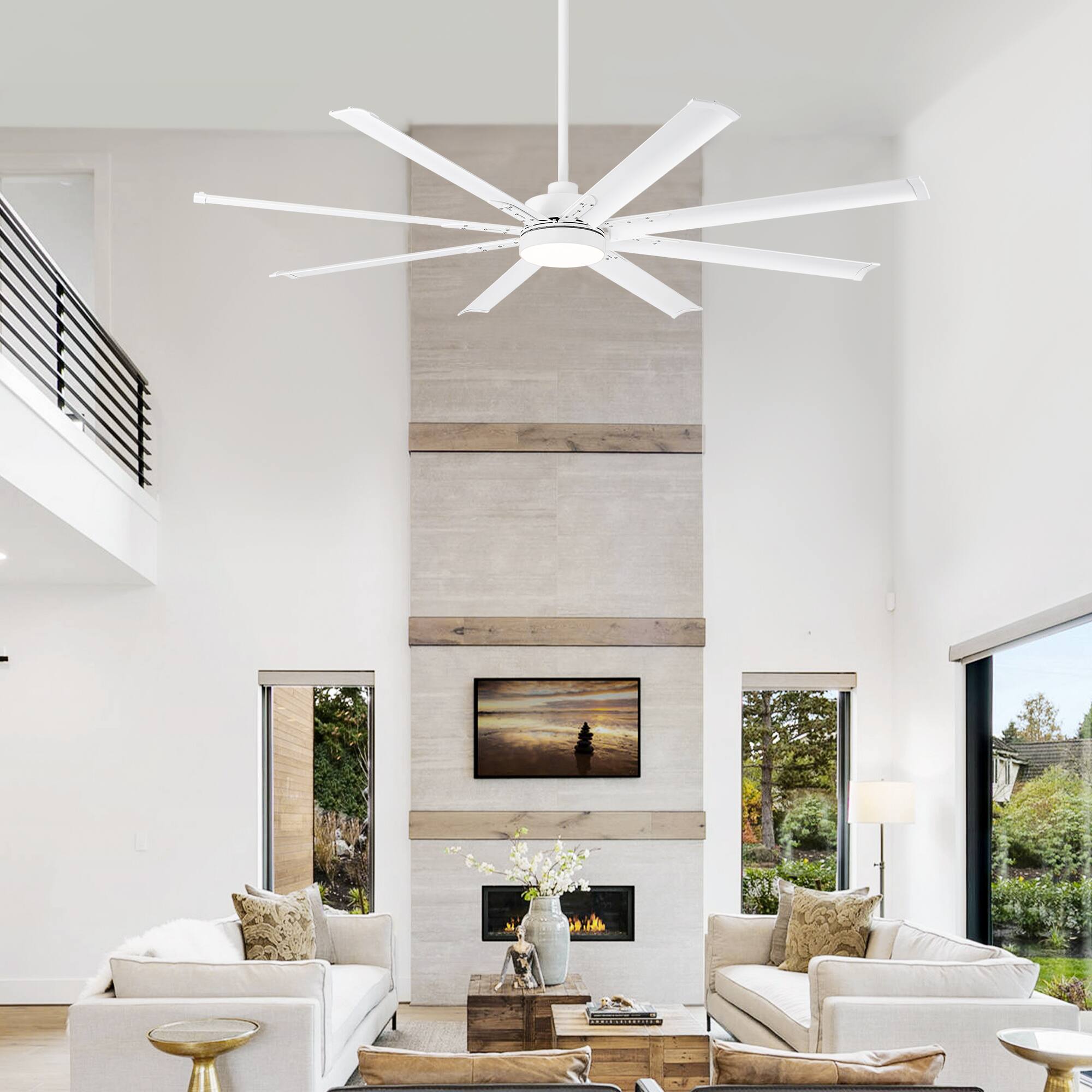 Alt View 3. Breezary - 72-In Large Ceiling Fan with 8 Aluminum Blades, DC Motor, 6-Speed Remote with Timer, 2 Downrods, Light/No Light Option - Matte White (With Light).