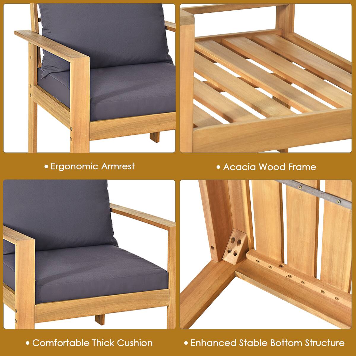 - Ergonomic Armrest
- Acacia Wood Frame
- Comfortable Thick Cushion
- Enhanced Stable Bottom Structure