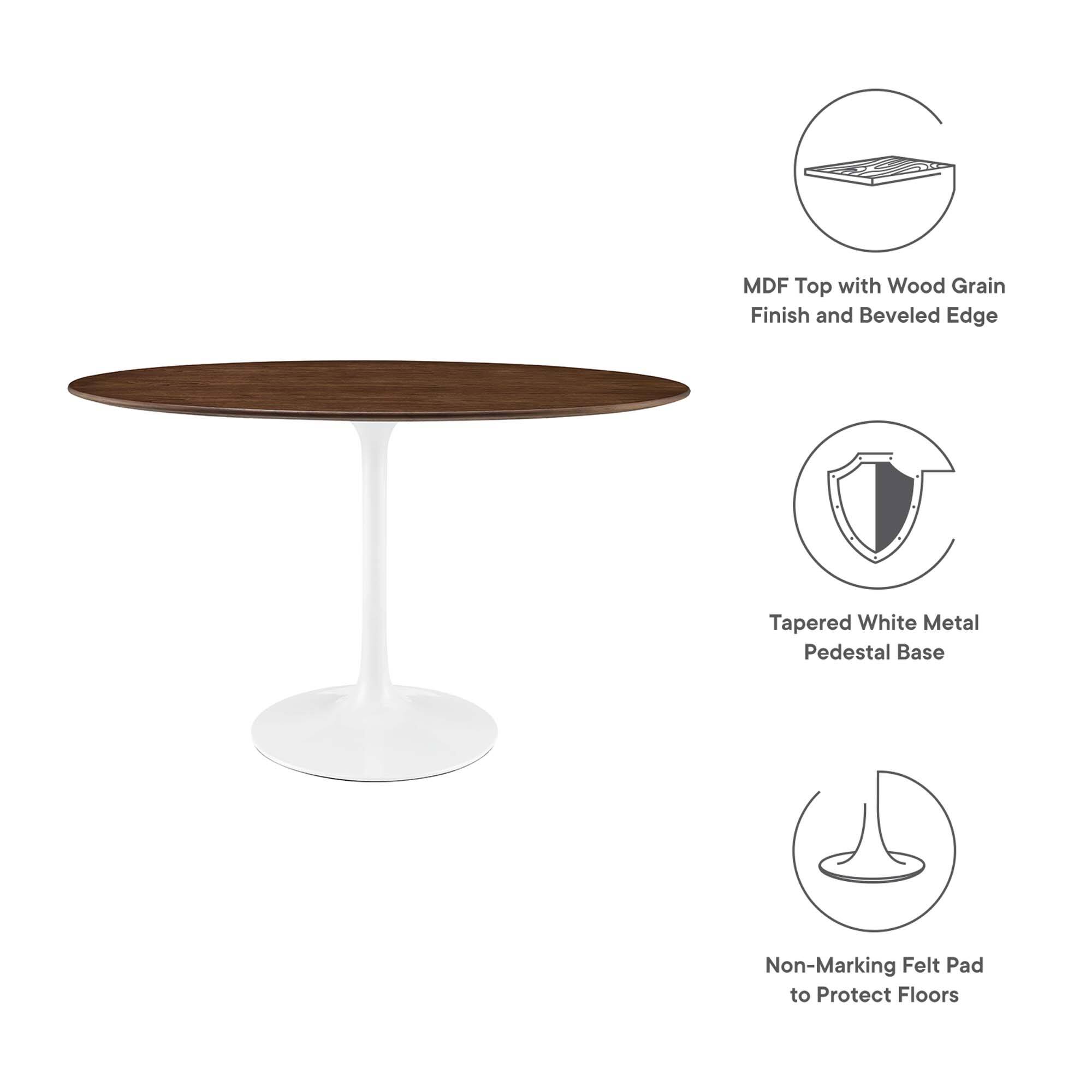 MDF Top with Wood Grain Finish and Beveled Edge  
Tapered White Metal Pedestal Base  
Non-Marking Felt Pad to Protect Floors