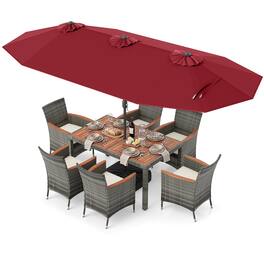 Gymax - 8-Piece Patio Dining Set w/ Double-Sided Market Umbrella Acacia Wood Top Wine - Red