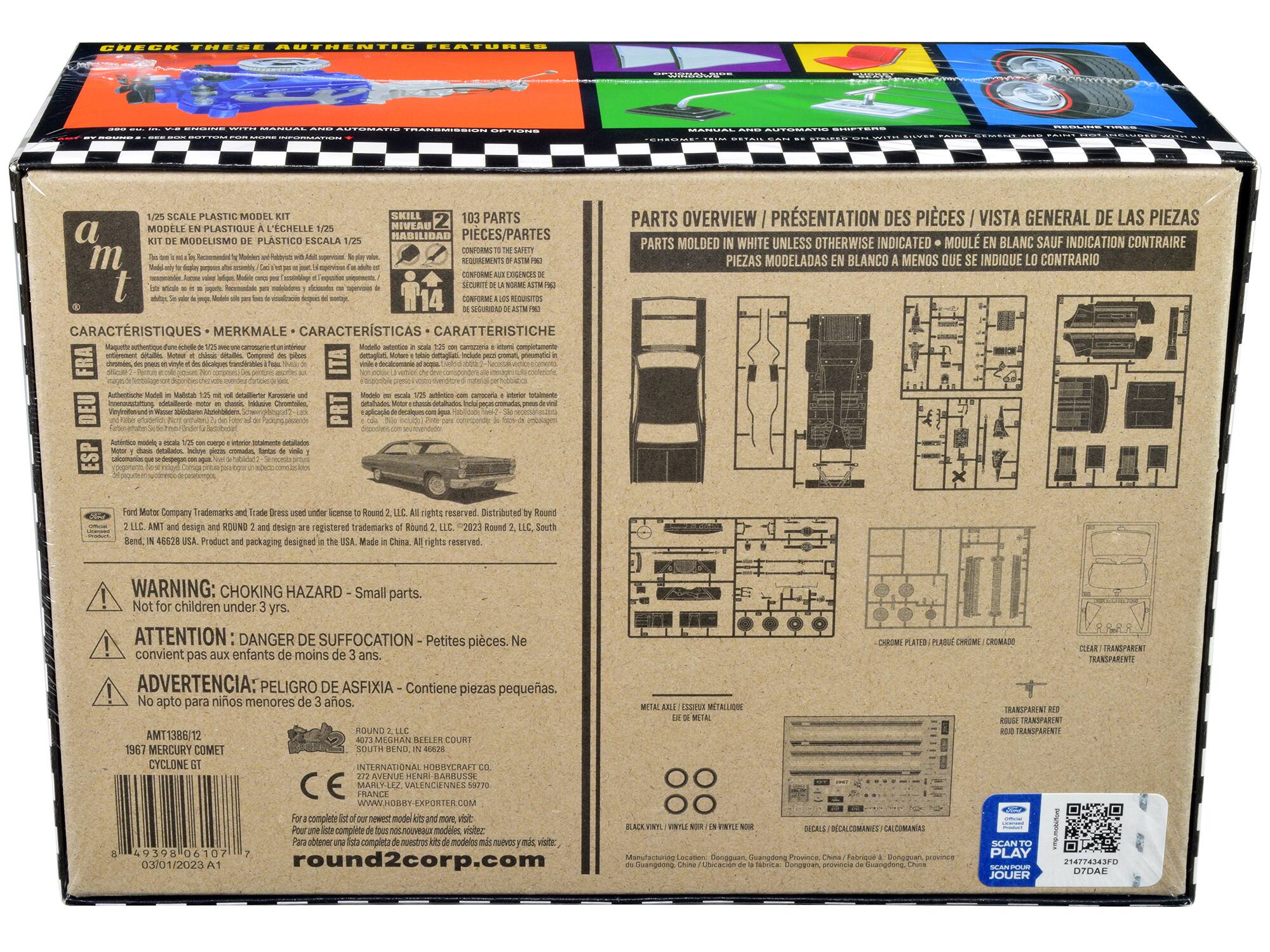 Sure, here is the corrected and grouped text from the image:

---

**CHECK THESE AUTHENTIC FEATURES**

- **1/25 SCALE PLASTIC MODEL**
- **KIT DE MODELSIMO DE PLASTICO ESCALA 1/25**
- **MODELO EN PLASTICO ESCALA 1/25**
- **MODELLO PLASTICO SCALA 1/25**
- **MODELO PLASTICO ESCALA 1/25**

**SKILL LEVEL: 103 PARTS**

- **103 PIECES/PARTES**
- **CONFORM TO SAFETY REQUIREMENTS OF ASTM F963**
- **CONFORME AUX EXIGENCES DE SÉCURITÉ DE L'ASTM F963**
- **CONFORME A LAS REQUISITOS DE SEGURIDAD DE ASTM F963**
- **CONFORME ALASTM F963**

**CARACTERÍSTIQUES / MERKMALE / CARACTERÍSTICAS / CARATTERISTICHE**

- **Authentic model in Matador 1:25 scale with detailed interior**
- **Authentic model in Matador 1:25 scale