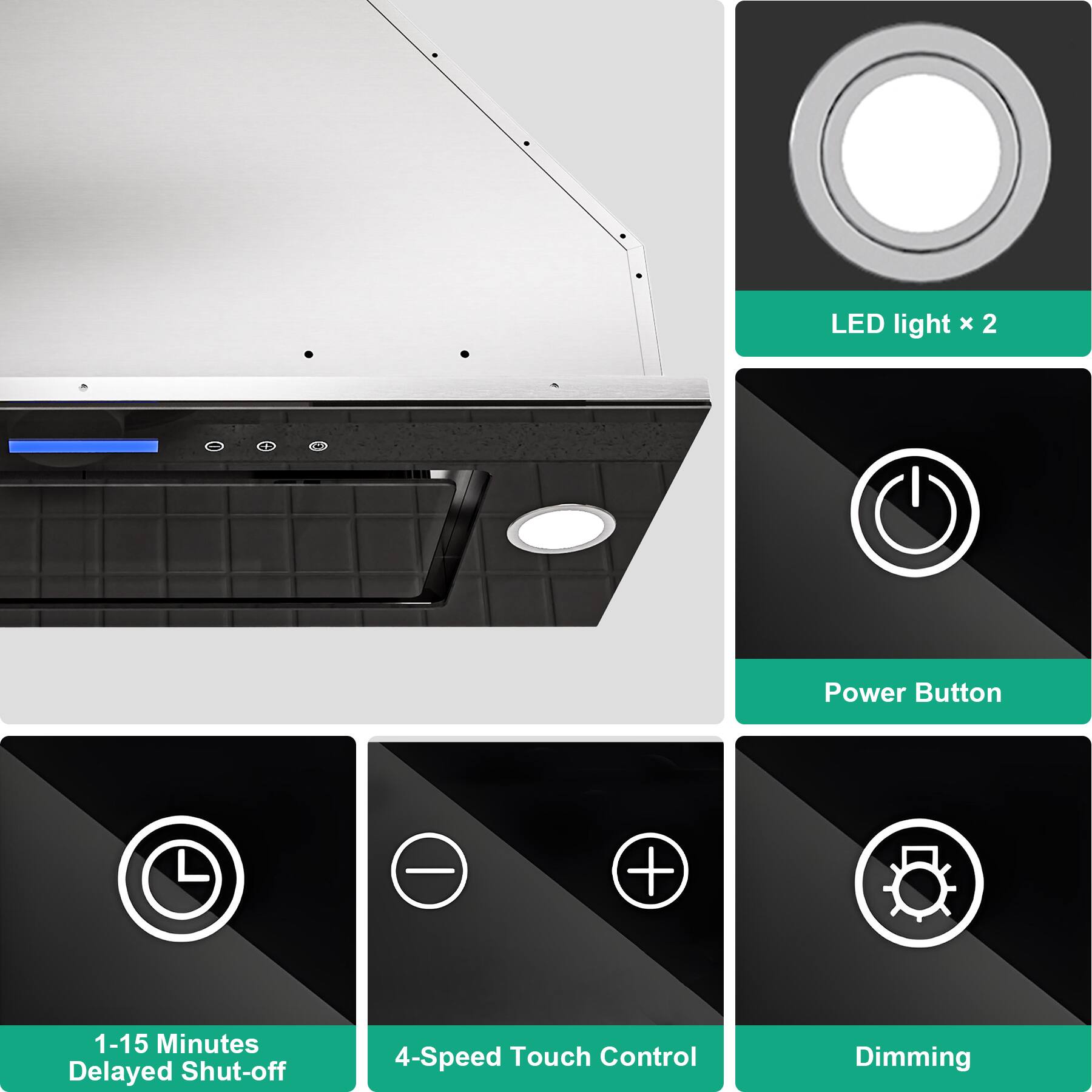 LED light x 2  
Power Button  
1-15 Minutes Delayed Shut-off  
4-Speed Touch Control  
Dimming