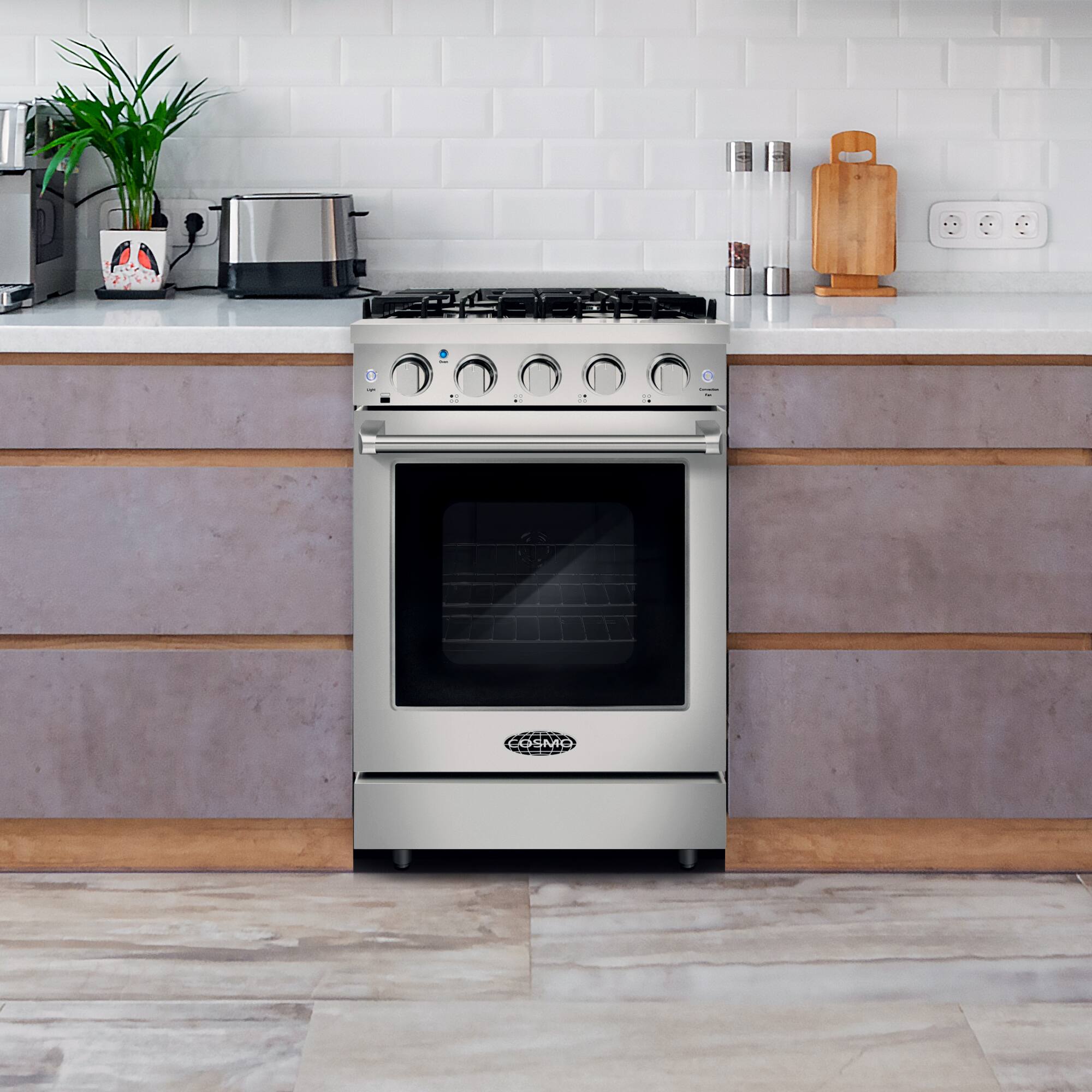 Angle. COSMO - COS-EPGR244 24 in. Haven Collection 3.73 cu. ft. Gas Range with 4 Sealed Burners, Cast Iron Grates, Convection Oven - Stainless Steel.