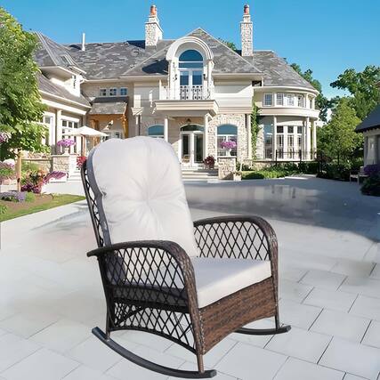 Front. Tiramisubest - Outdoor Wicker Rocking Chair with Wide Seat,Steel Frame & Thick Cushion for Patio,Garden,Backyard,Grey Cushion - Brown+Gray.