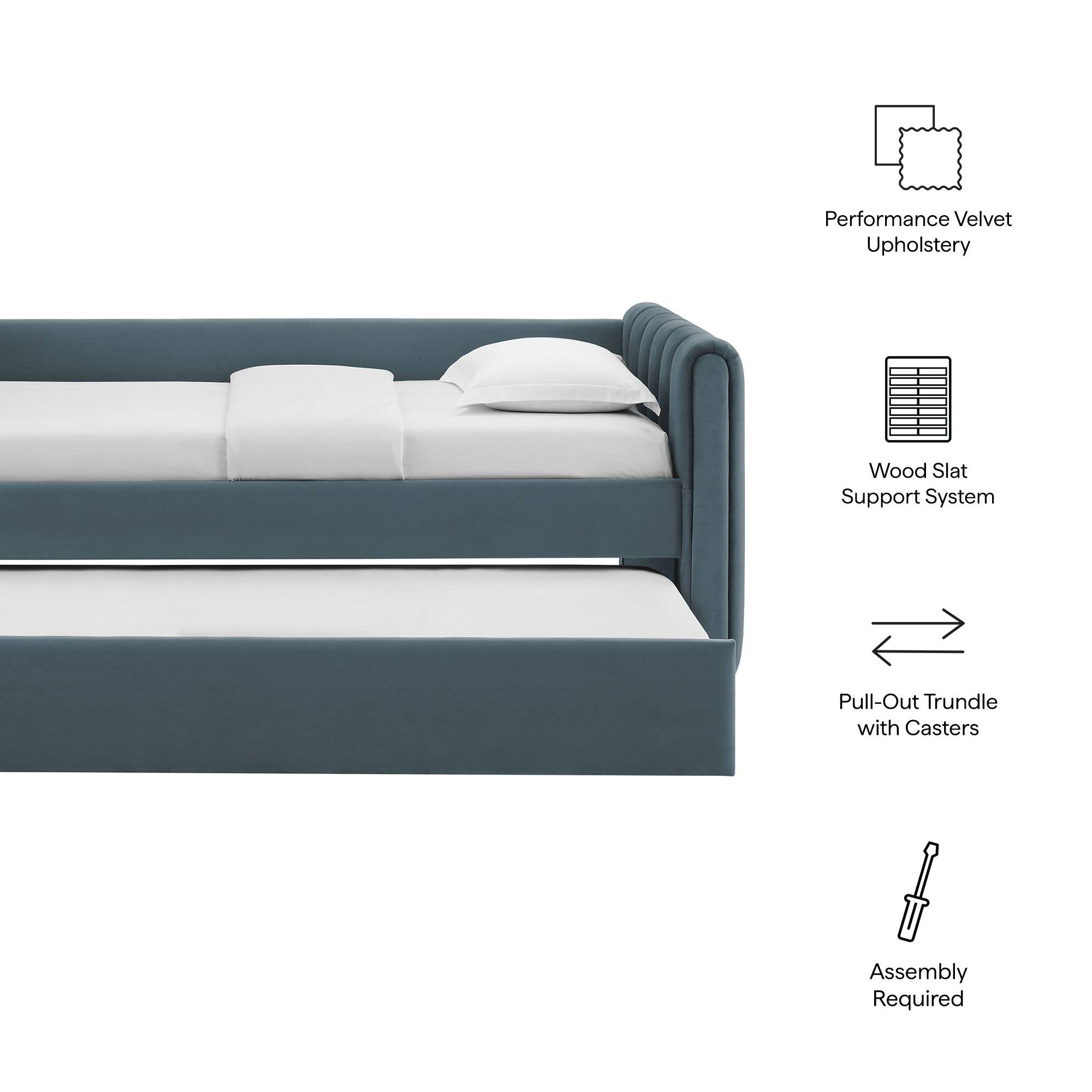 Performance Velvet Upholstery  
Wood Slat Support System  
Pull-Out Trundle with Casters  
Assembly Required