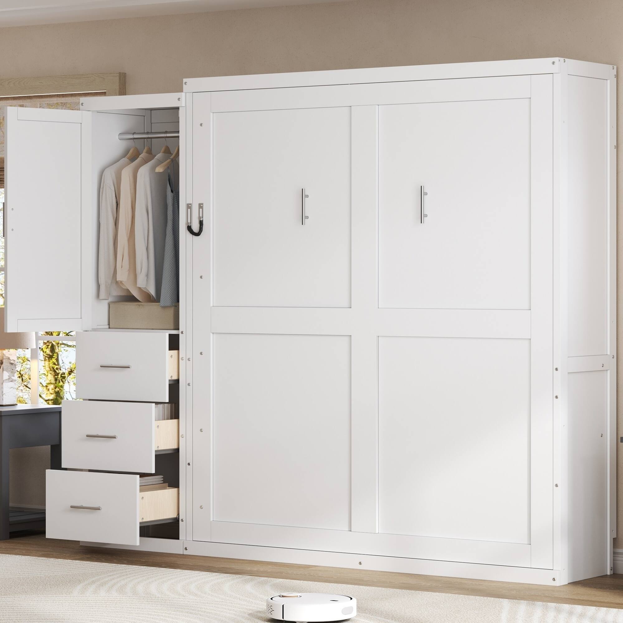 Left. Whisen - Queen Size Murphy Bed with Wardrobe and Drawers, Space-Saving Folding Bed for Guest Room and Small Spaces - White.