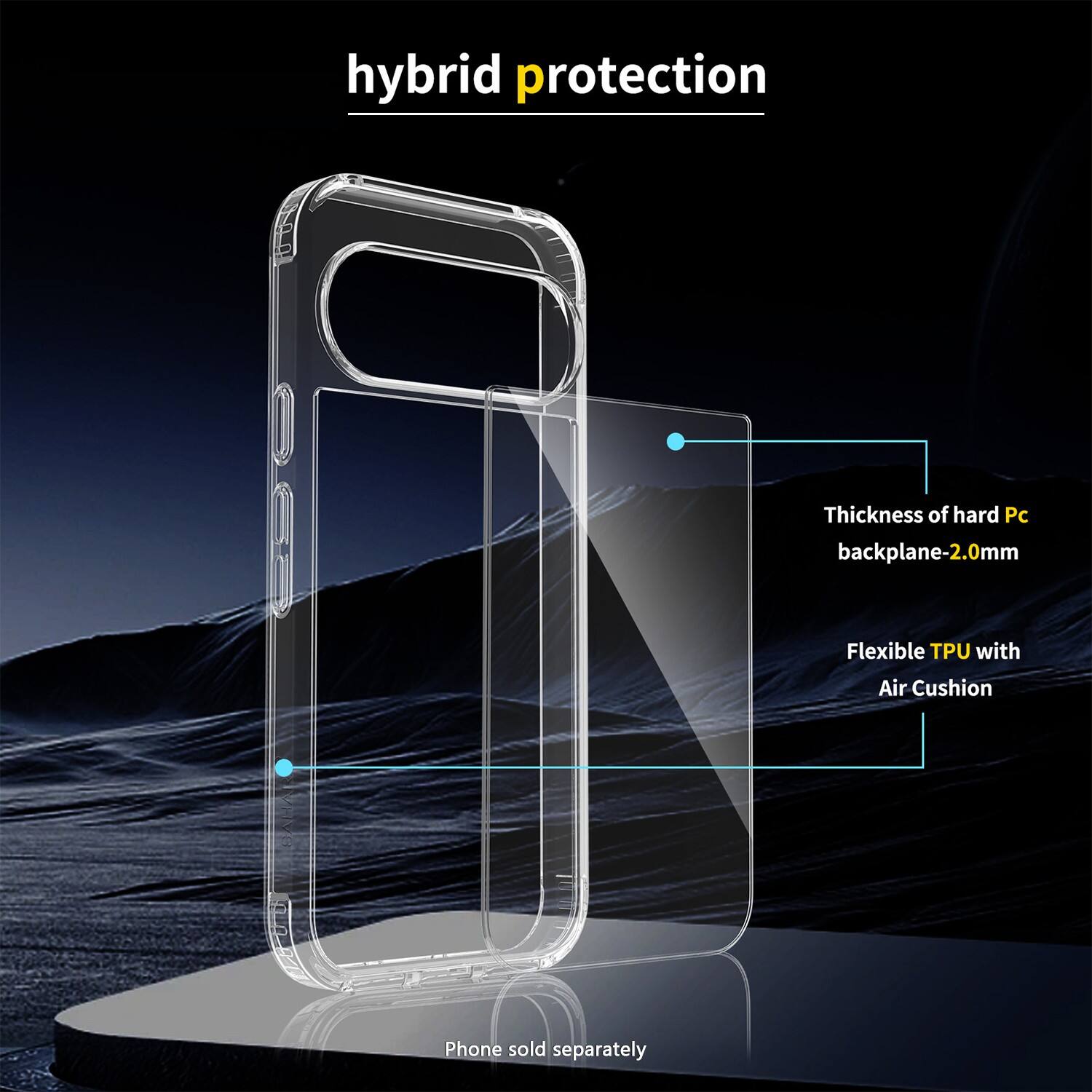 hybrid protection

Thickness of hard Pc backplane-2.0mm

Flexible TPU with Air Cushion

Phone sold separately