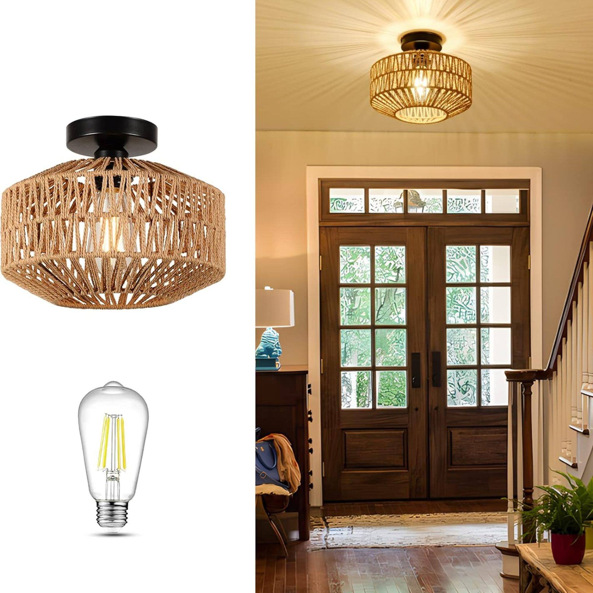 Back. ELEMENT ACE - Bohemian Style Rattan Flush Mount Ceiling Light Fixture with Dimmable LED Bulb for Home Lighting - Brown.