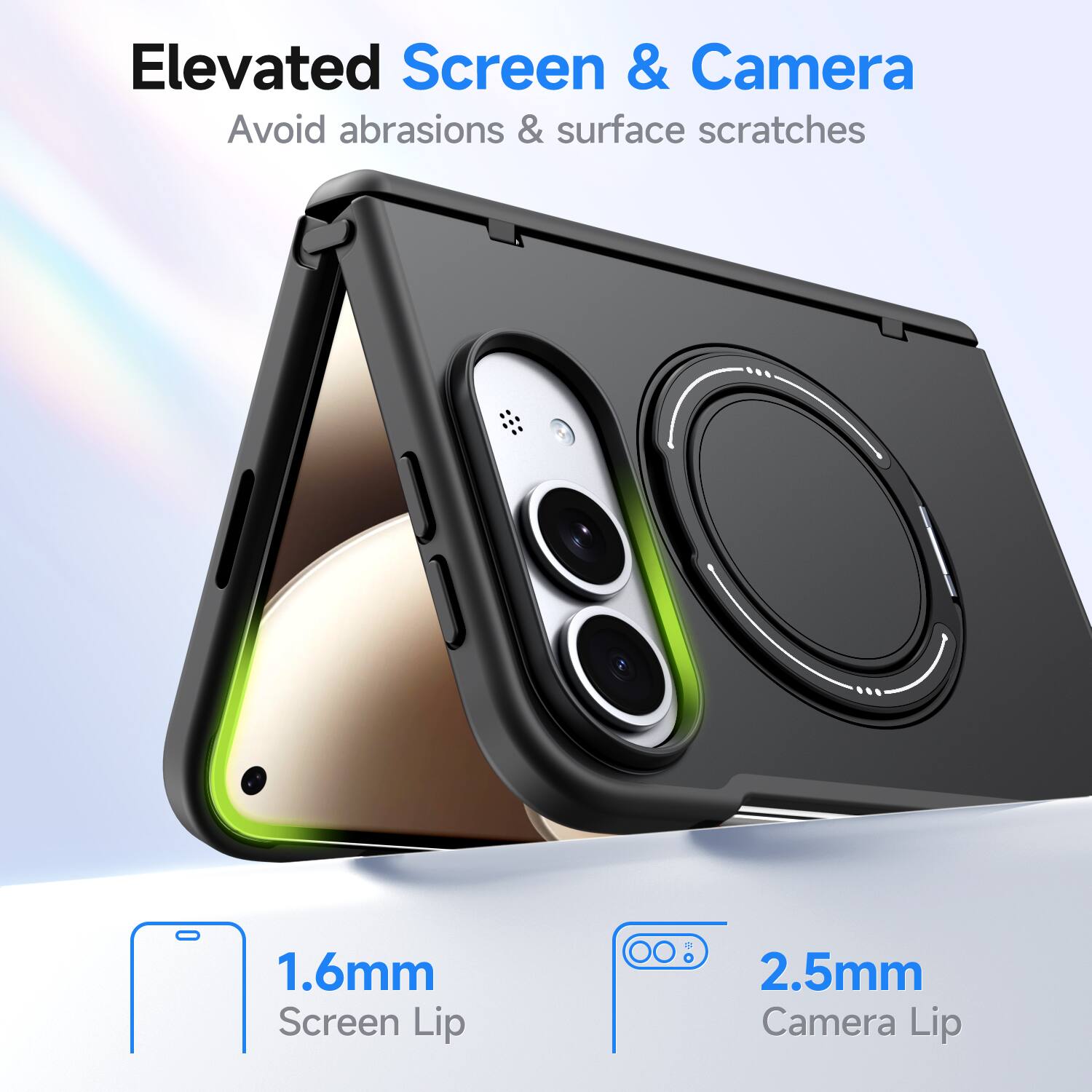 Elevated Screen & Camera  
Avoid abrasions & surface scratches  

1.6mm Screen Lip  
2.5mm Camera Lip