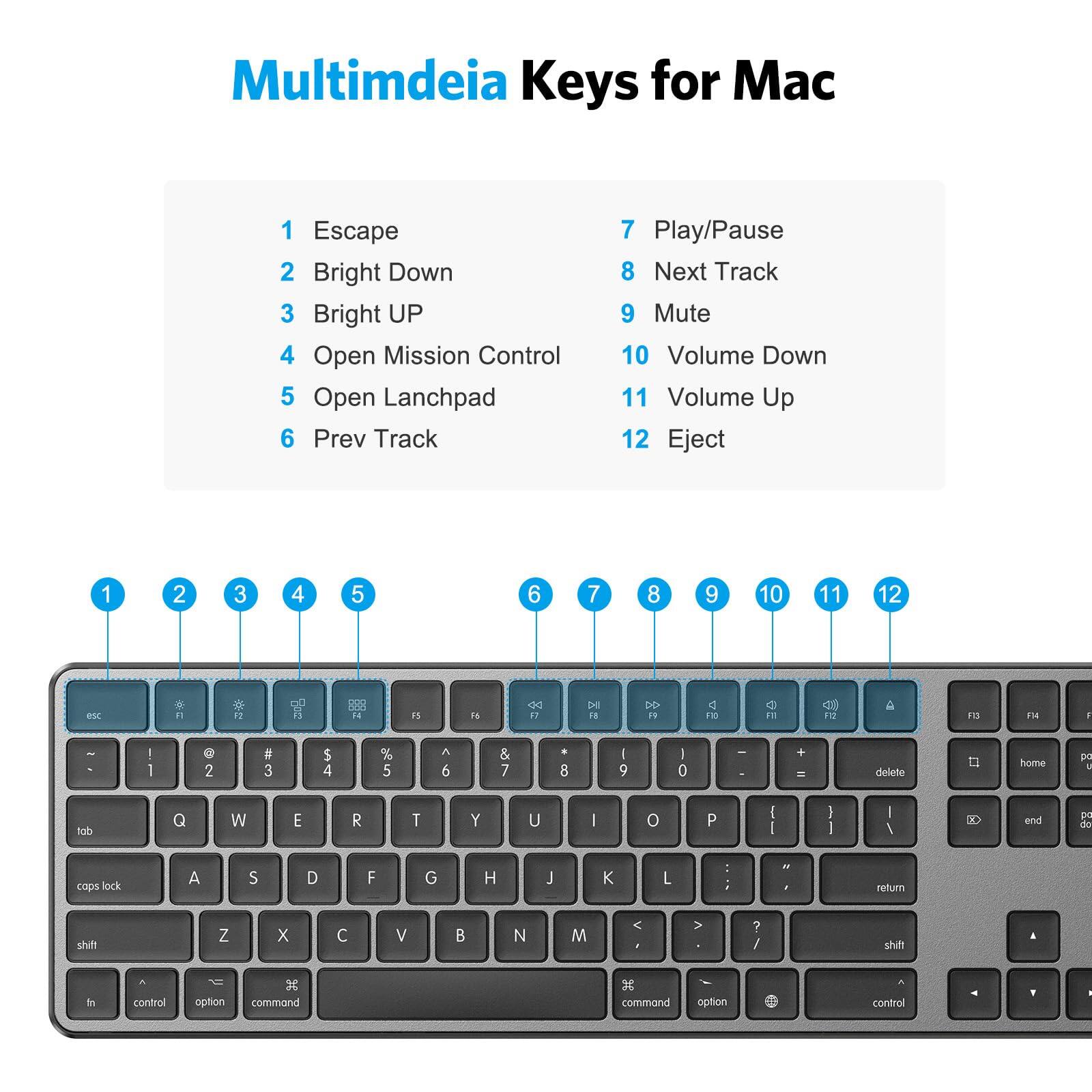 Multimedia Keys for Mac

1. Escape
2. Bright Down
3. Bright UP
4. Open Mission Control
5. Open Launchpad
6. Prev Track
7. Play/Pause
8. Next Track
9. Mute
10. Volume Down
11. Volume Up
12. Eject