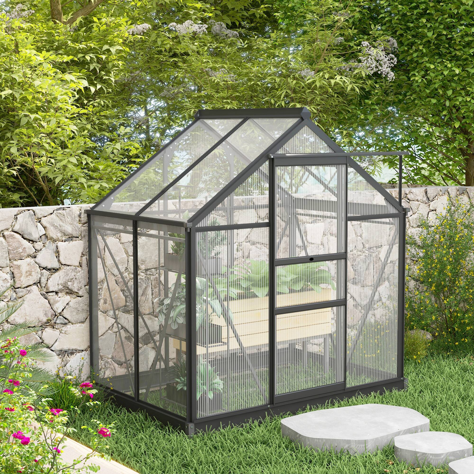 Alt View 1. Outsunny - 6' x 4' Greenhouse for Outdoors, Polycarbonate Greenhouse with Rain Gutter and Roof Vent, Aluminum Walk-in Green House.