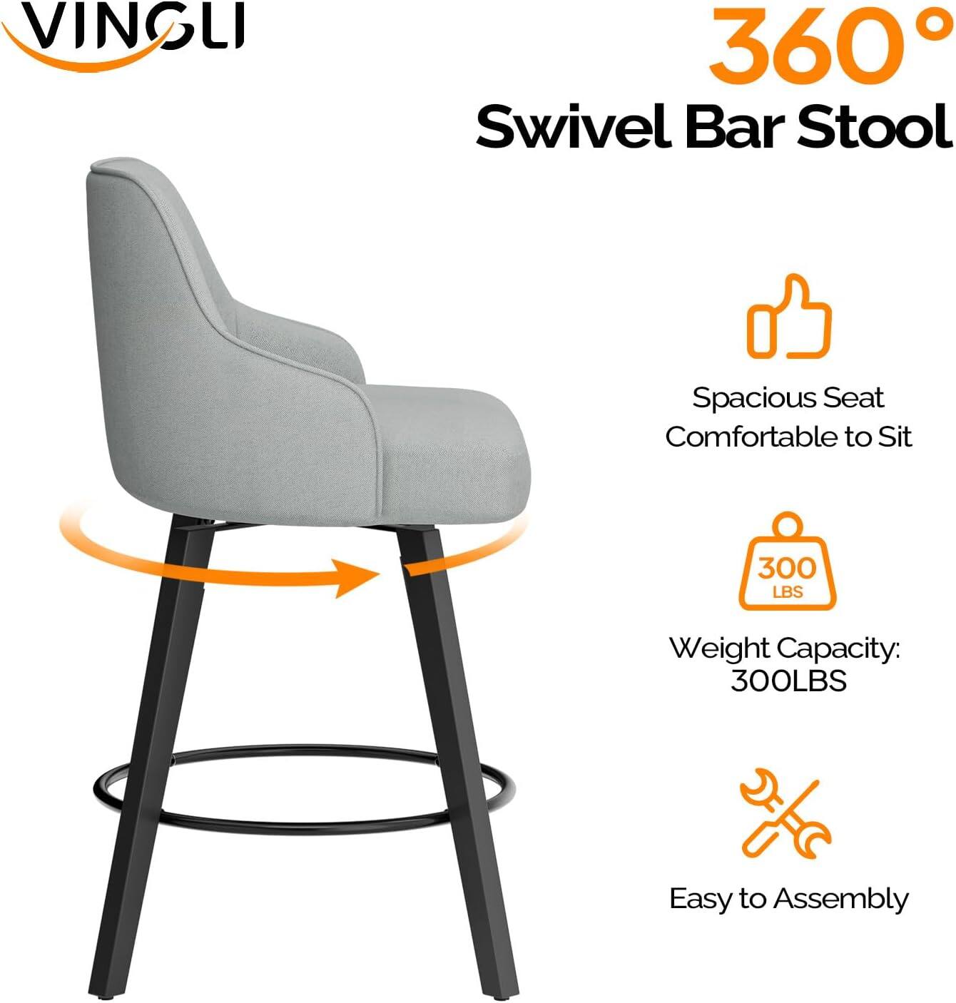 VINGLI  
360° Swivel Bar Stool  
Spacious Seat Comfortable to Sit  
Weight Capacity: 300LBS  
Easy to Assembly