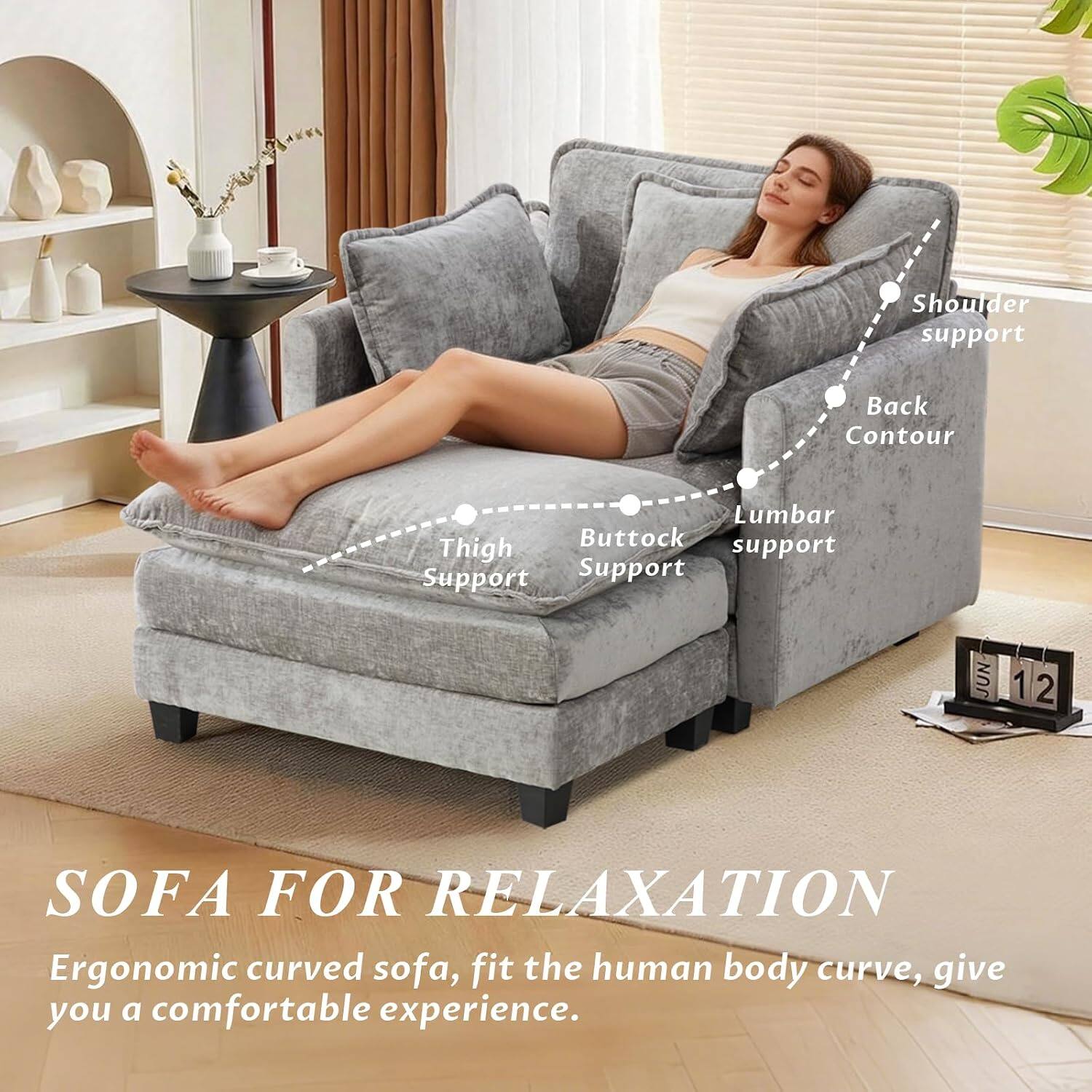 Shoulder support, Back Contour, Lumbar, Buttock, Thigh support. Support. JUN 1 2 SOFA FOR RELAXATION. Ergonomic curved sofa, fit the human body curve, give you a comfortable experience.