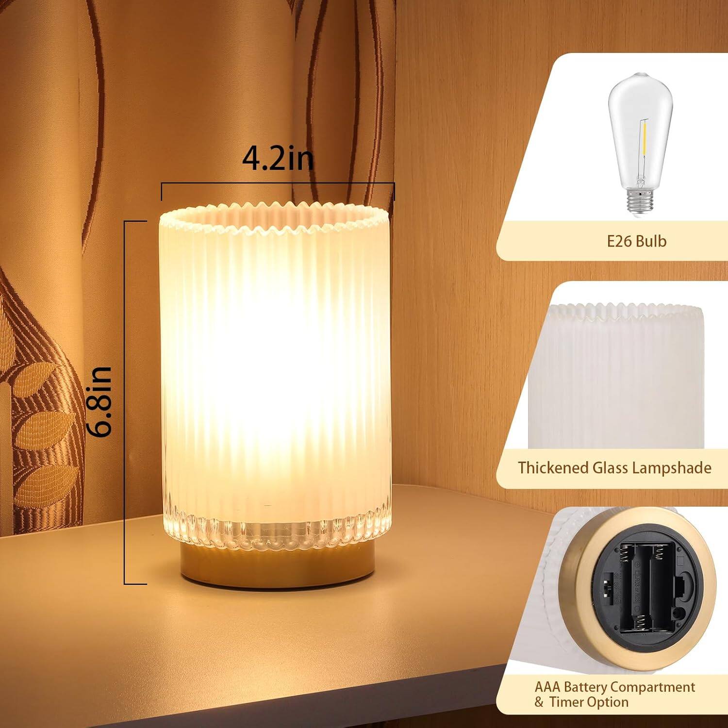 4.2in E26 Bulb  
6.8in Thickened Glass Lampshade  
AAA Battery Compartment & Timer Option