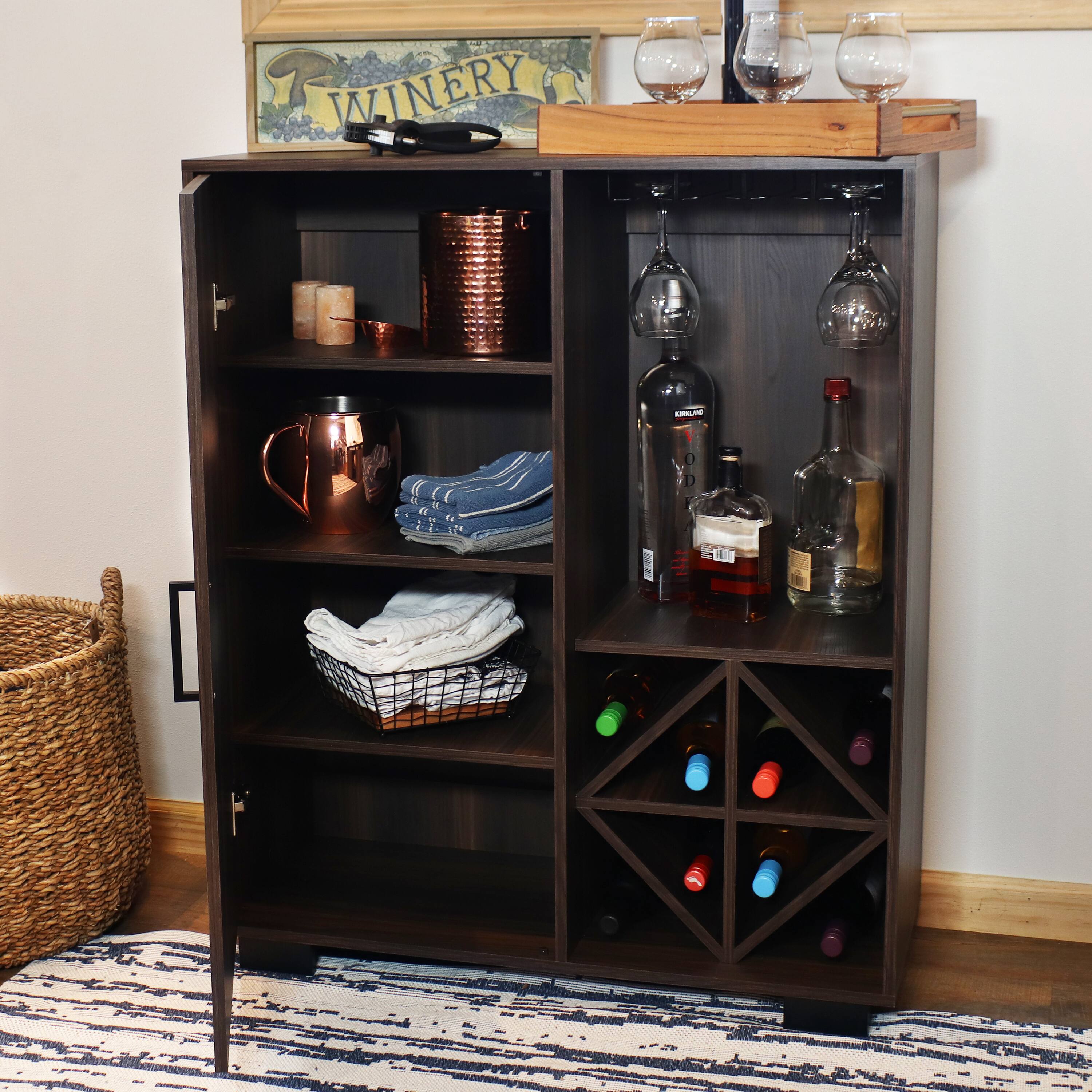Alt View 5. Sunnydaze - Lavina Wine Cabinet with Glass and Bottle Storage Shelves - Brown.