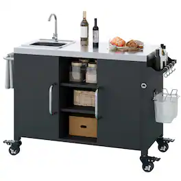 Spaco - 55.5" Outdoor Kitchen Island Cart with Metal Grill Cart Table, 304 Stainless Steel Sink, 4 Lockable Wheels,for BBQ - Black