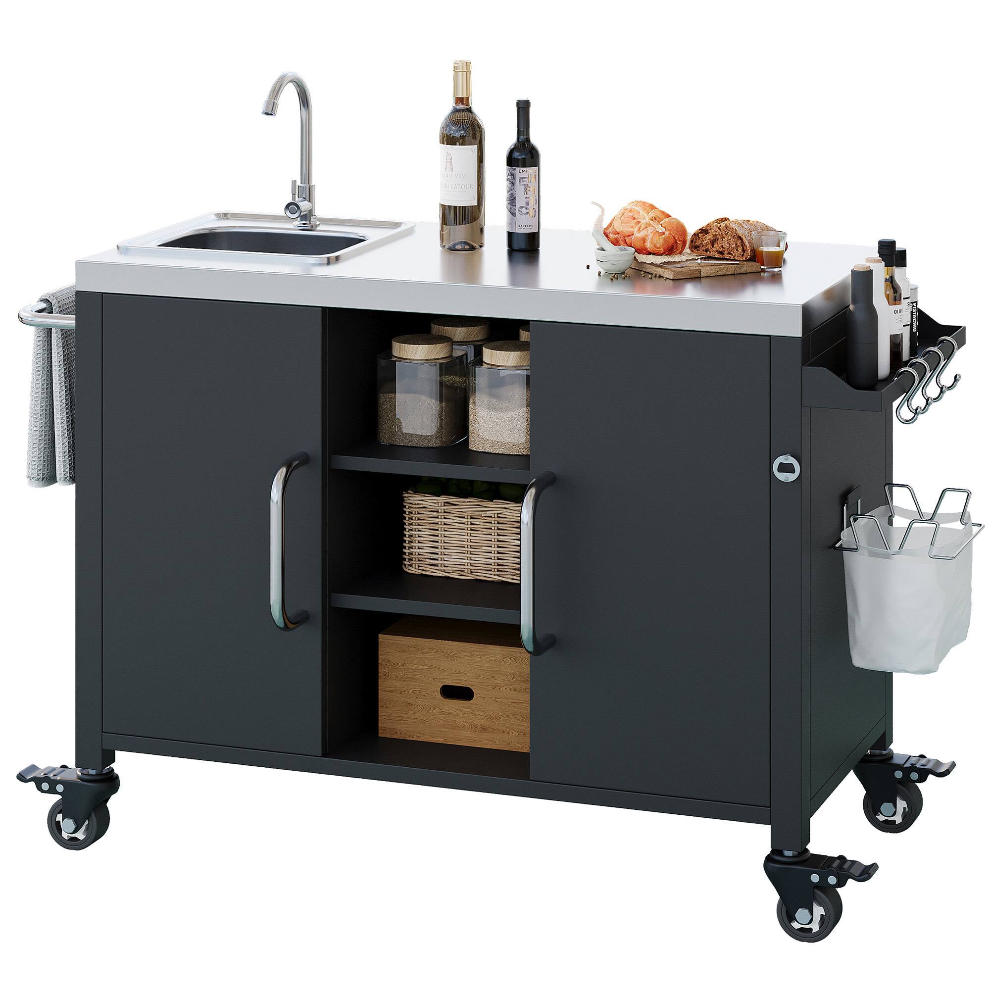 Front. Spaco - Spaco 55.5" Outdoor Kitchen Island Cart with Metal Grill Cart Table, 304 Stainless Steel Sink, 4 Lockable Wheels,for BBQ - Black.