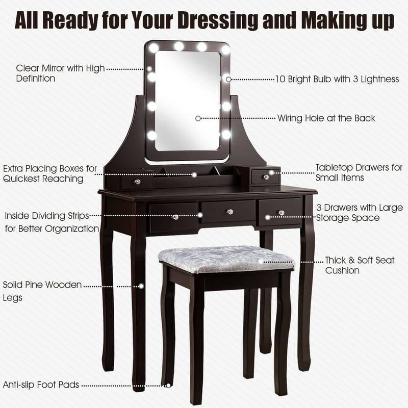 WELLFOR Vanity Dressing Table Set with Mirror& 5‑Drawer Classified