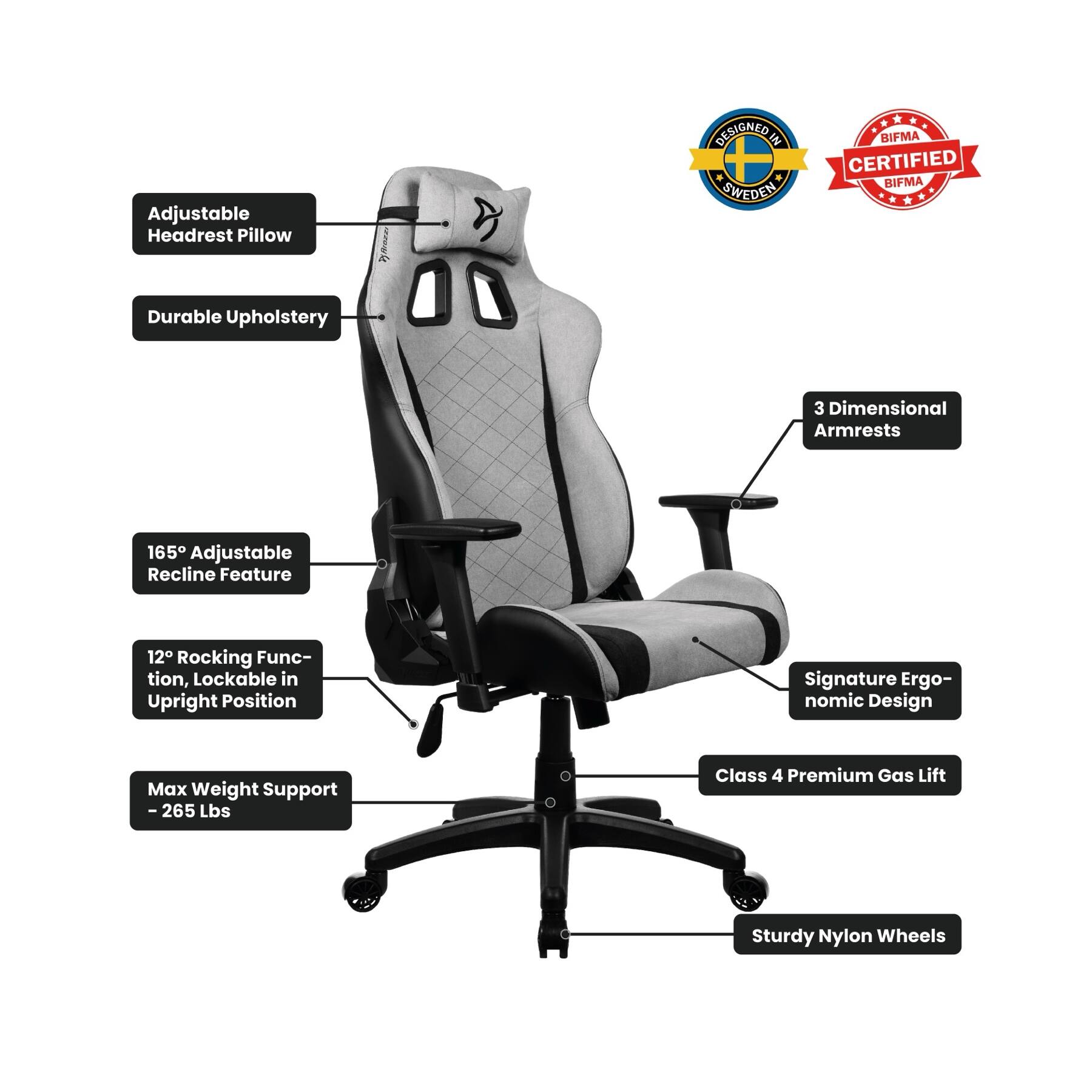 Adjustable Headrest Pillow, Durable Upholstery, 3 Dimensional Armrests, 165° Adjustable Recline Feature, 12° Rocking Function, Lockable in Upright Position, Signature Ergonomic Design, Max Weight Support - 265 Lbs, Class 4 Premium Gas Lift, Sturdy Nylon Wheels, DESIGNED IN SWEDEN, BIFMA CERTIFIED BIFMA ORO