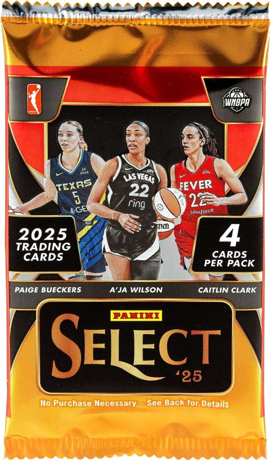 WNBA  
ntngbencrie  
TEXAS 5 GE 2025 TRADING CARDS  
LAS VEGAS 22 FEVER ring 22  
Sdesforce mm 4 CARDS PER PACK  
PAIGE BUECKERS A'JA WILSON CAITLIN CLARK  
PANINI SELECT '25  
No Purchase Necessary - See Back for Details