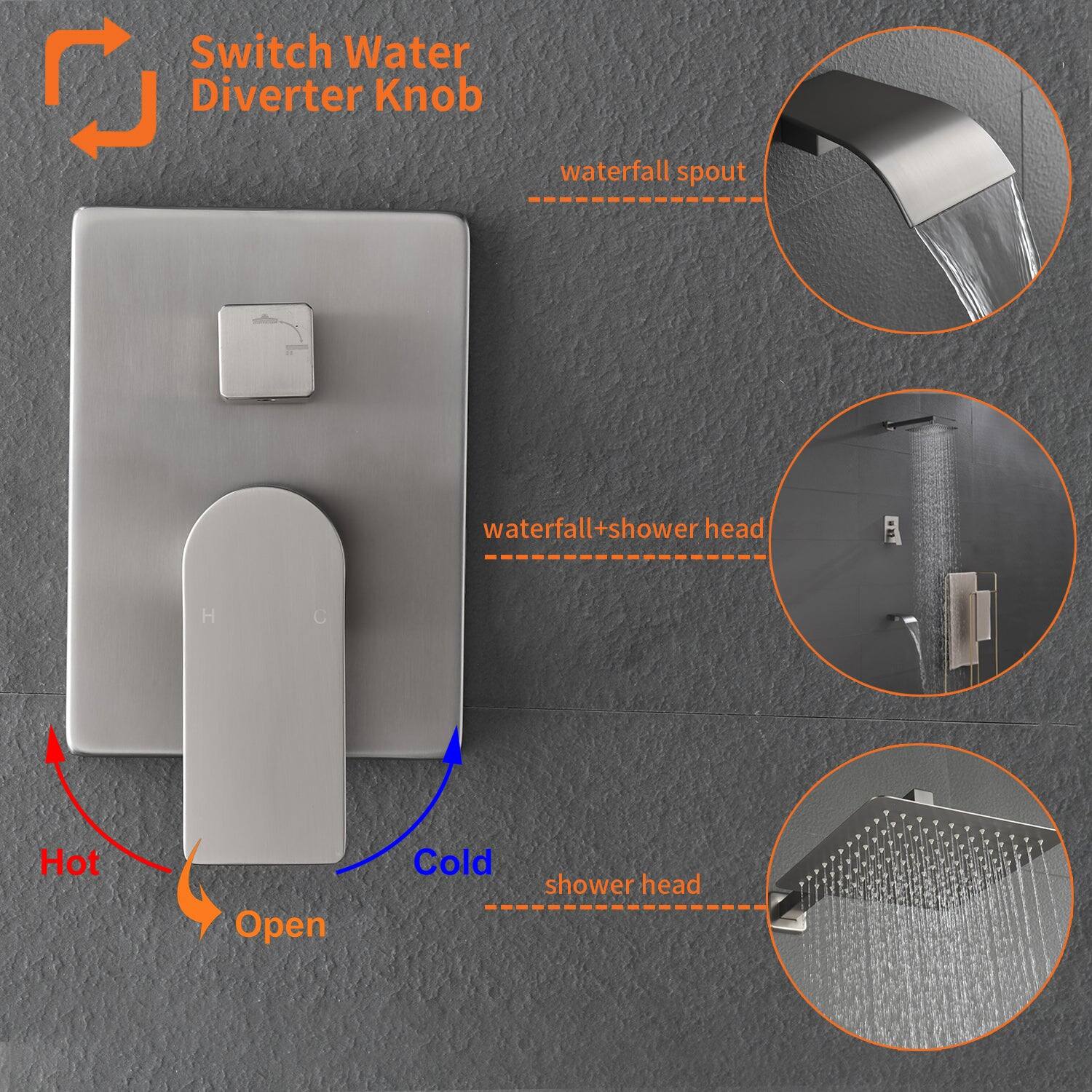 Switch Water Diverter Knob

- waterfall spout
- waterfall+shower head
- shower head

Hot Open Cold

H C