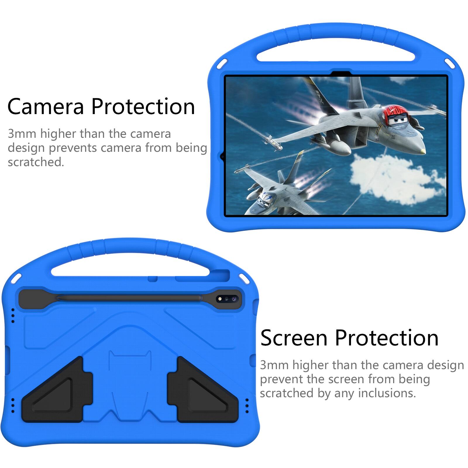 Camera Protection  
3mm higher than the camera design prevents camera from being scratched.  

Screen Protection  
3mm higher than the camera design prevent the screen from being scratched by any inclusions.