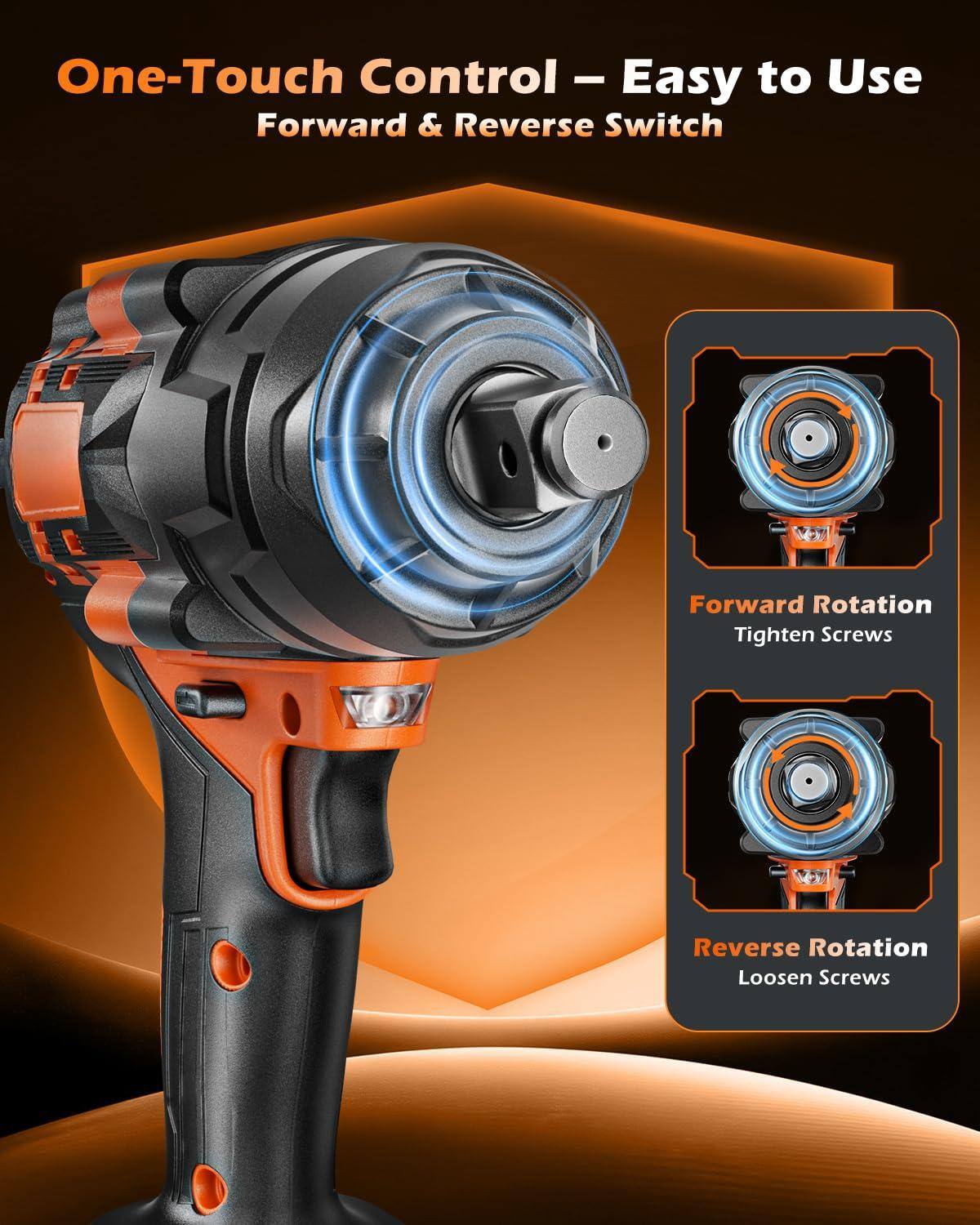 One-Touch Control – Easy to Use  
Forward & Reverse Switch  

Forward Rotation  
Tighten Screws  

Reverse Rotation  
Loosen Screws