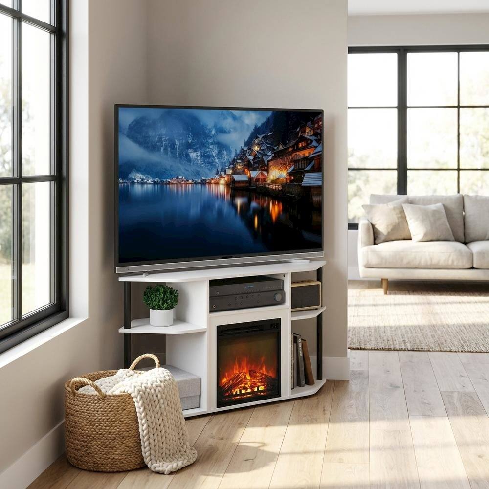 Alt View 2. FurniFact - White open storage corner fireplace TV stand, 55-inch screens, solid wood - White.