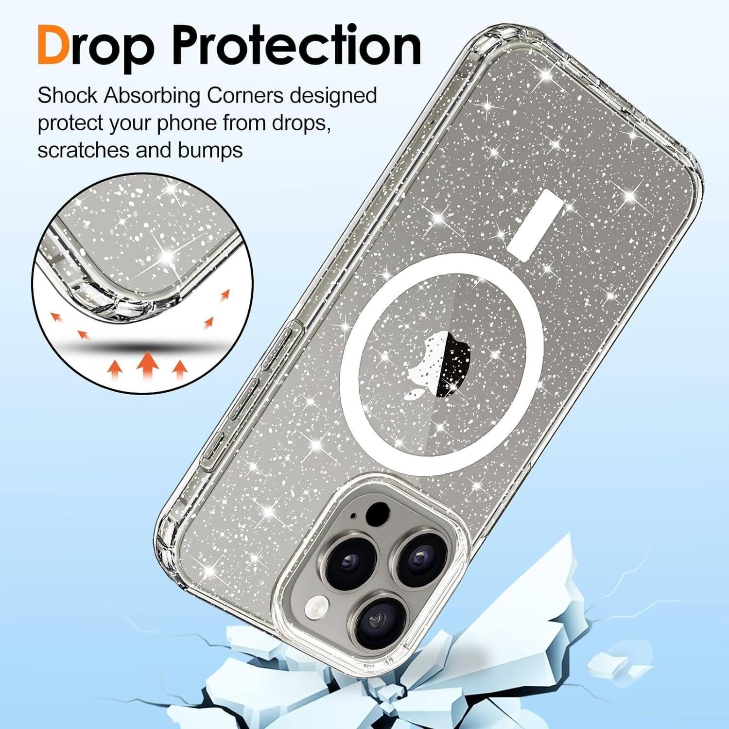 Drop Protection, Shock Absorbing Corners designed to protect your phone from drops, scratches and bumps