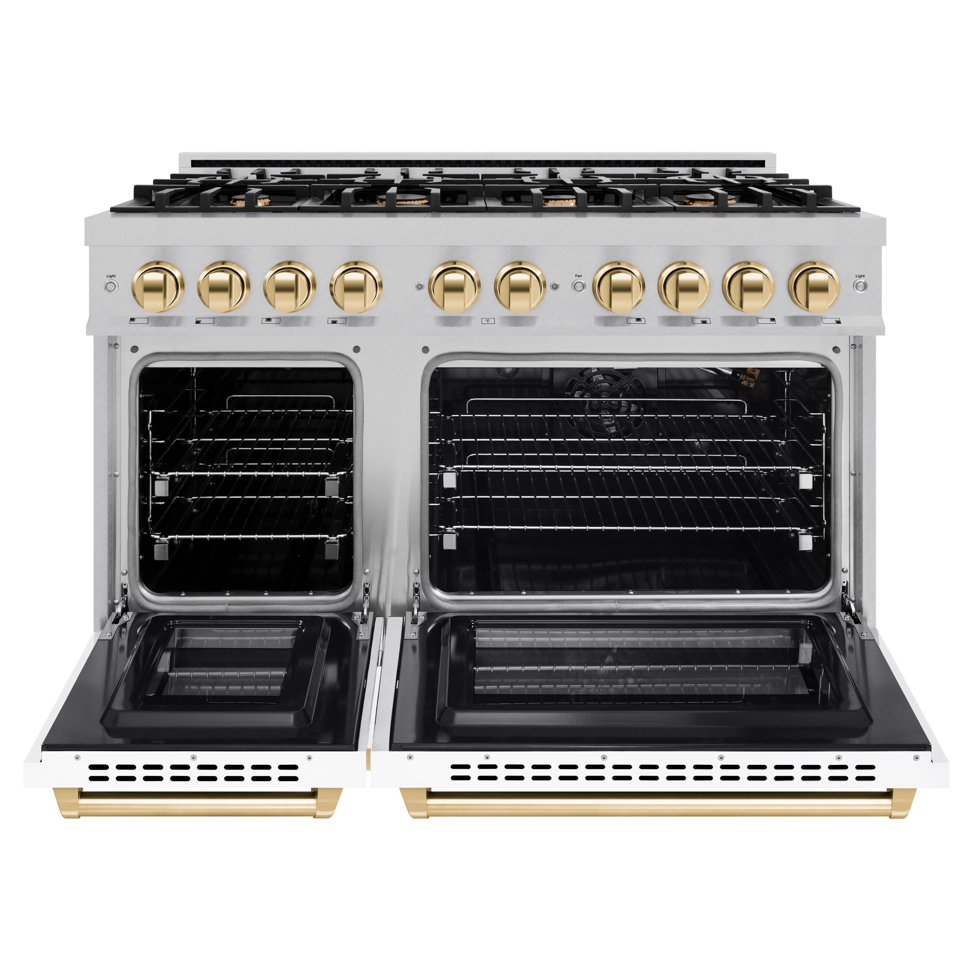 Left. ZLINE - ZLINE Autograph 48 in. 6.7 cu. ft. Freestanding Select Satin Steel Gas Range w/ White Doors & Gold Accents - Satin Stainless Steel.