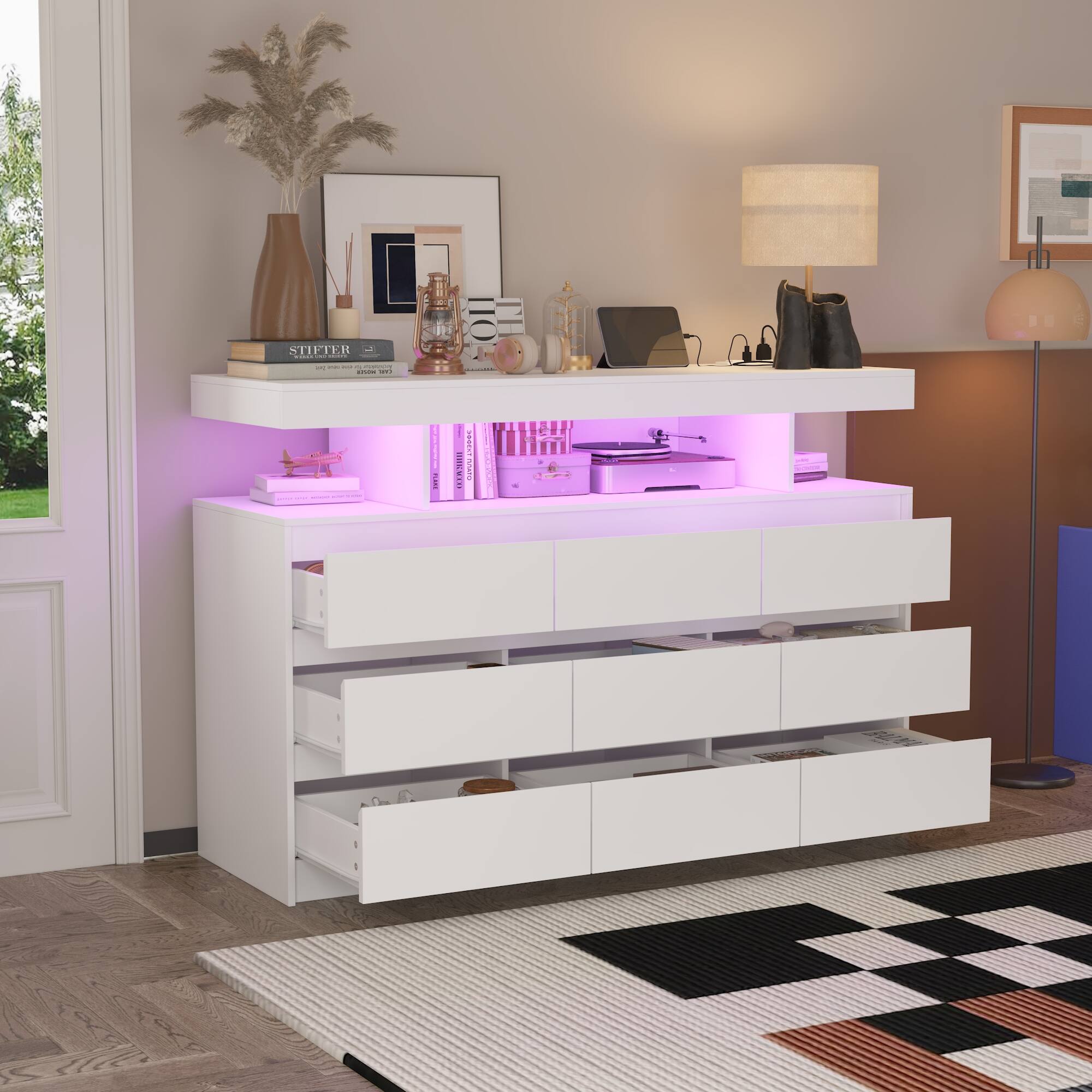 FUFU&GAGA - LED Storage Dresser Built-in Power Outlet & USB Ports, Multi-Functional Organizer with Spacious Drawers for Bedroom - White