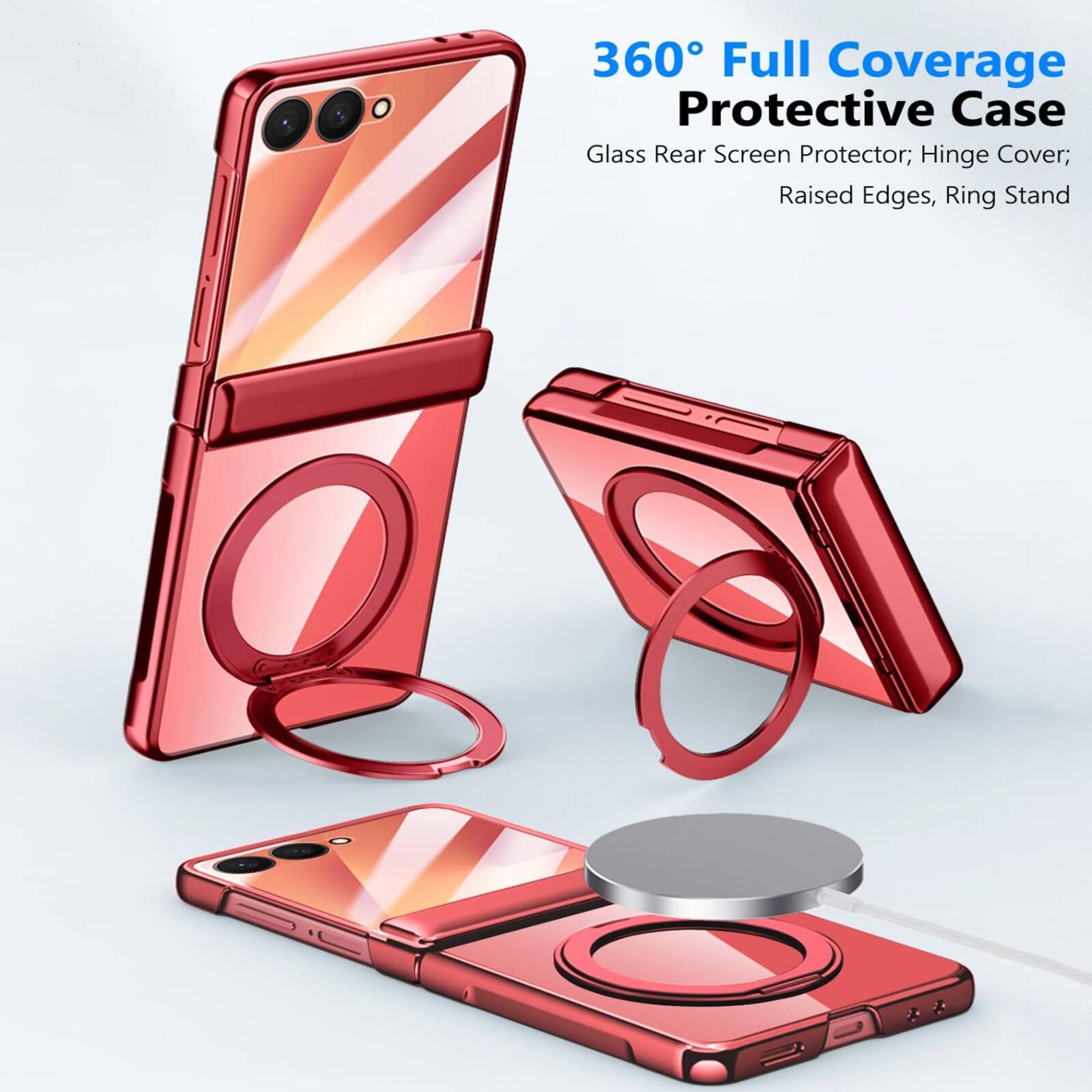 360° Full Coverage Protective Case  
Glass Rear Screen Protector; Hinge Cover; Raised Edges, Ring Stand