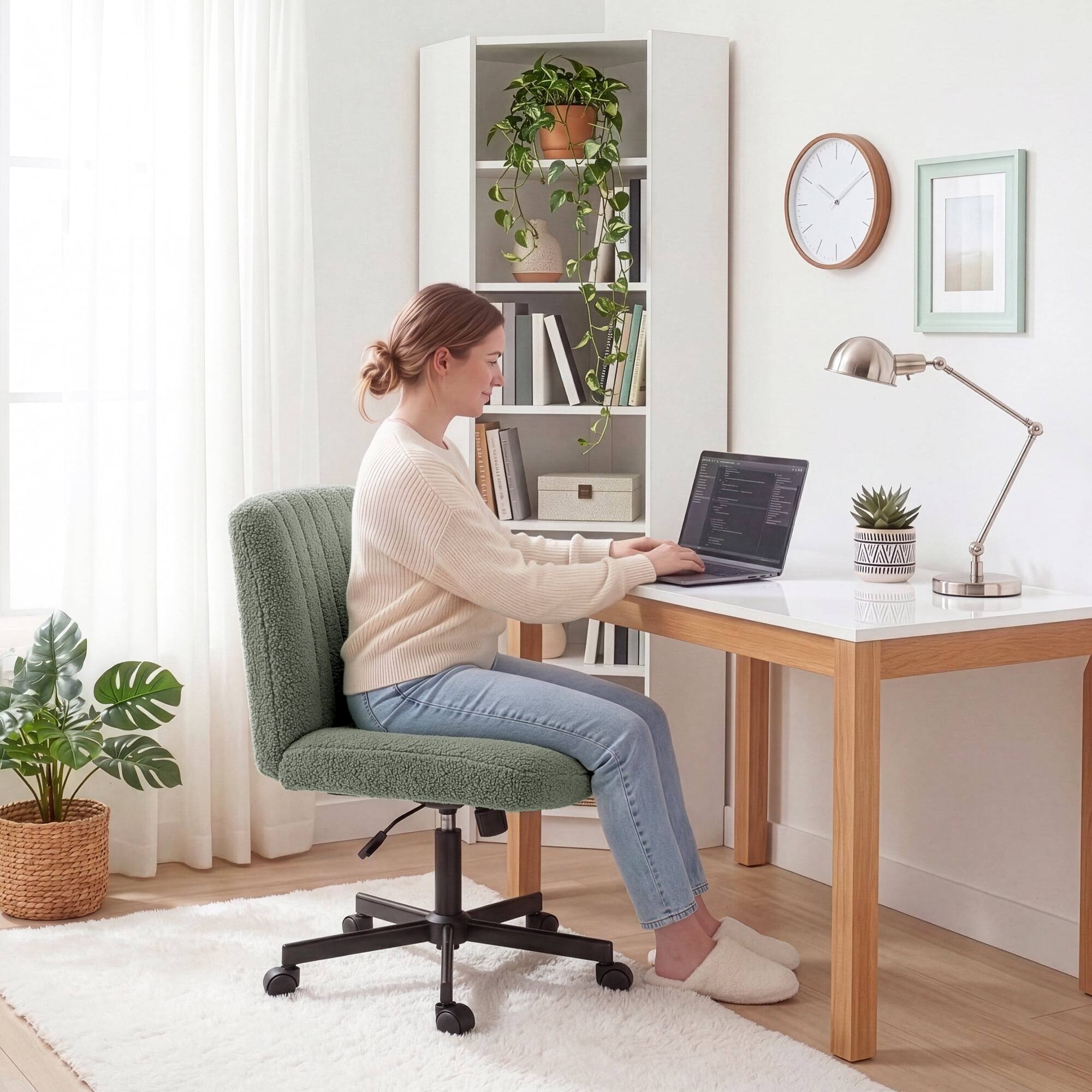 Angle. Neo Chair - Criss Cross Chair with Wheels, Teddy Fabric Armless Office Chair, Ergonomic Wide Seat Computer Desk Chair - Teddy Fabric-Green.