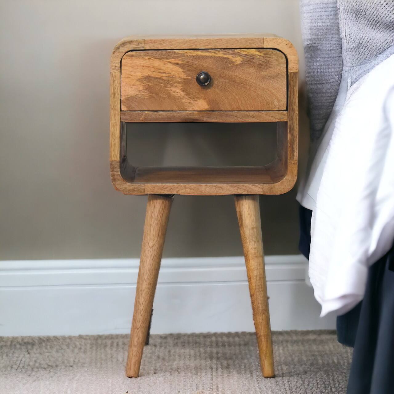 Alt View 7. Artisan Furniture - Artisan Furniture Solid Wood Mini Oak-ish Curve Lower Nightstand, 1 Drawer, 1 Open-slot, Nordic legs, Brown - Oak.