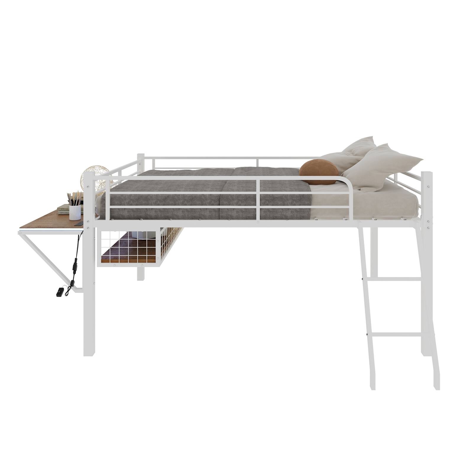 Alt View 6. Loheer - Loheer Full Size Metal Loft Bed with Desk White Loft Bed Frame with LED Lights and Guardrails No Box Spring Needed - White.