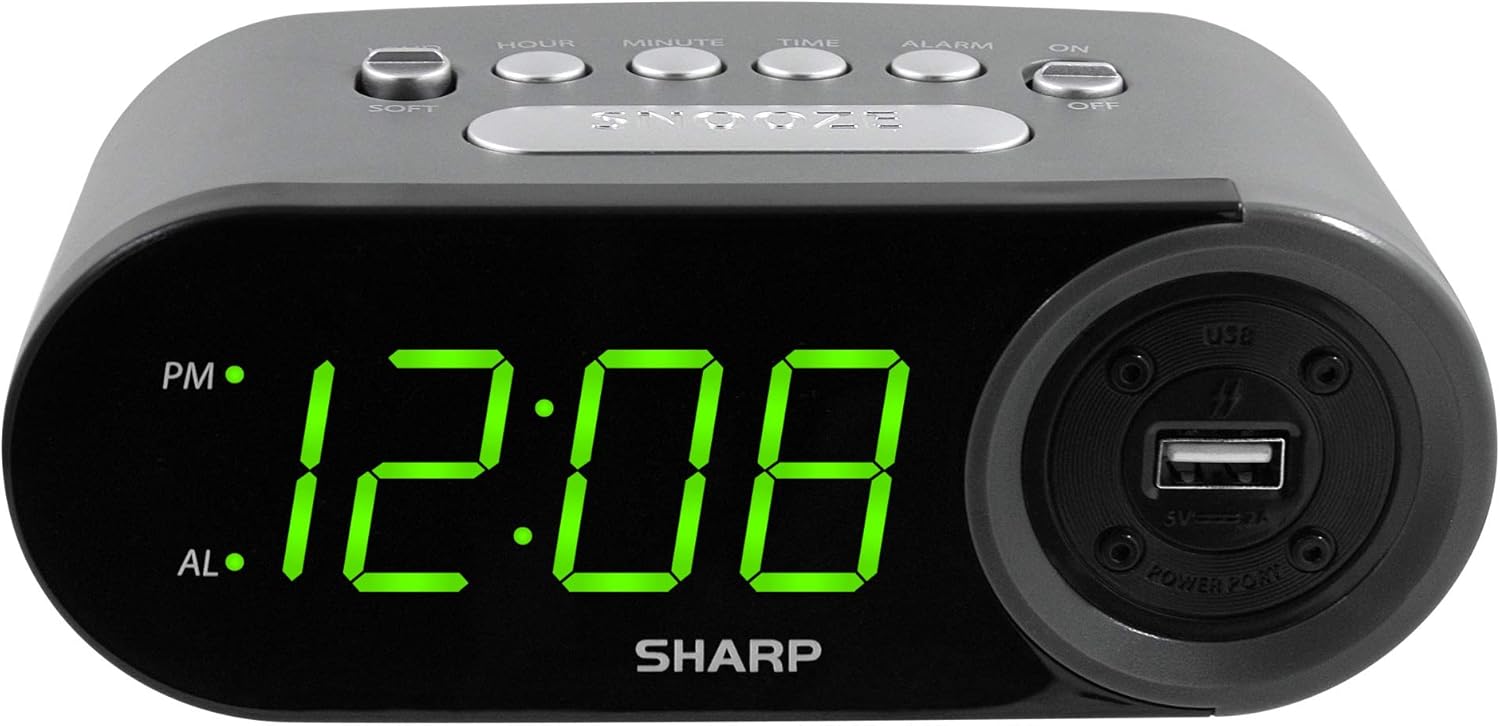 Stamp n Camp - Sharp Digital Easy to Read Alarm Clock with 2 AMP High-Speed USB Charging Power Port - Charge Your Phone, Tablet a high - Black - Green Led