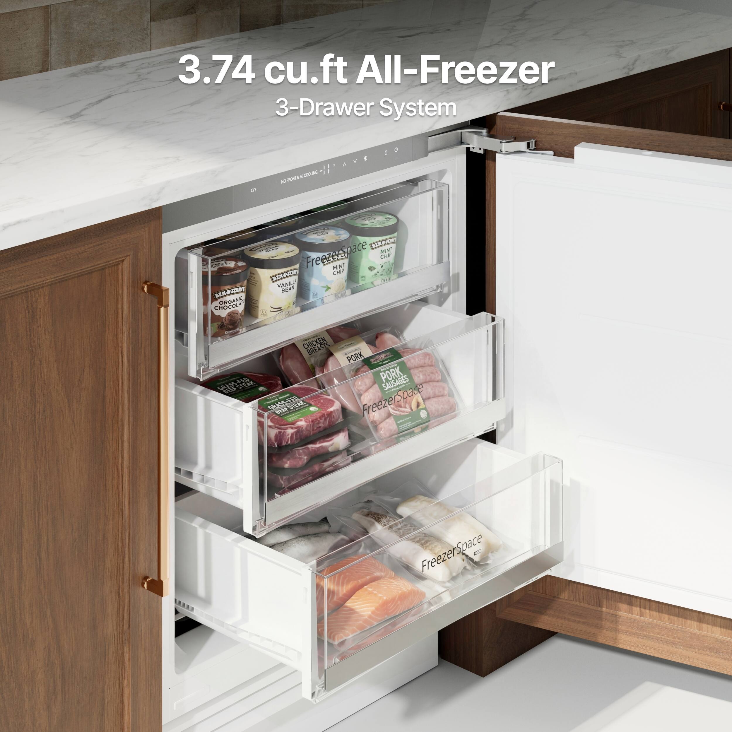 3.74 cu.ft All-Freezer 3-Drawer System

Freezer Space

- Chicken
- Pork
- Pork Sausages