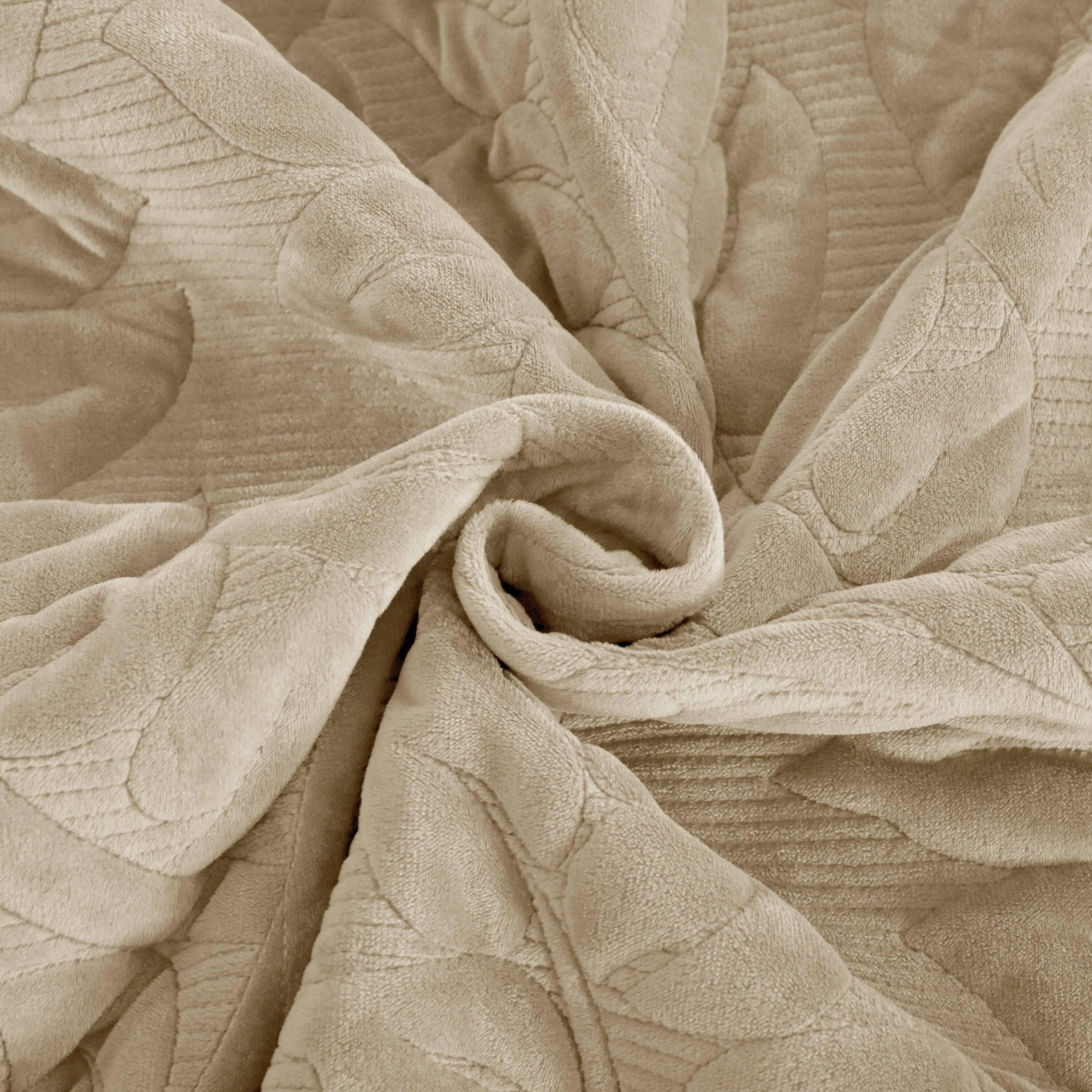 Left. MarCielo - Marcielo 3Pc Luxury Velvet Oversized Embroidery Soft and Plush Quilt Set - Beige Khaki.